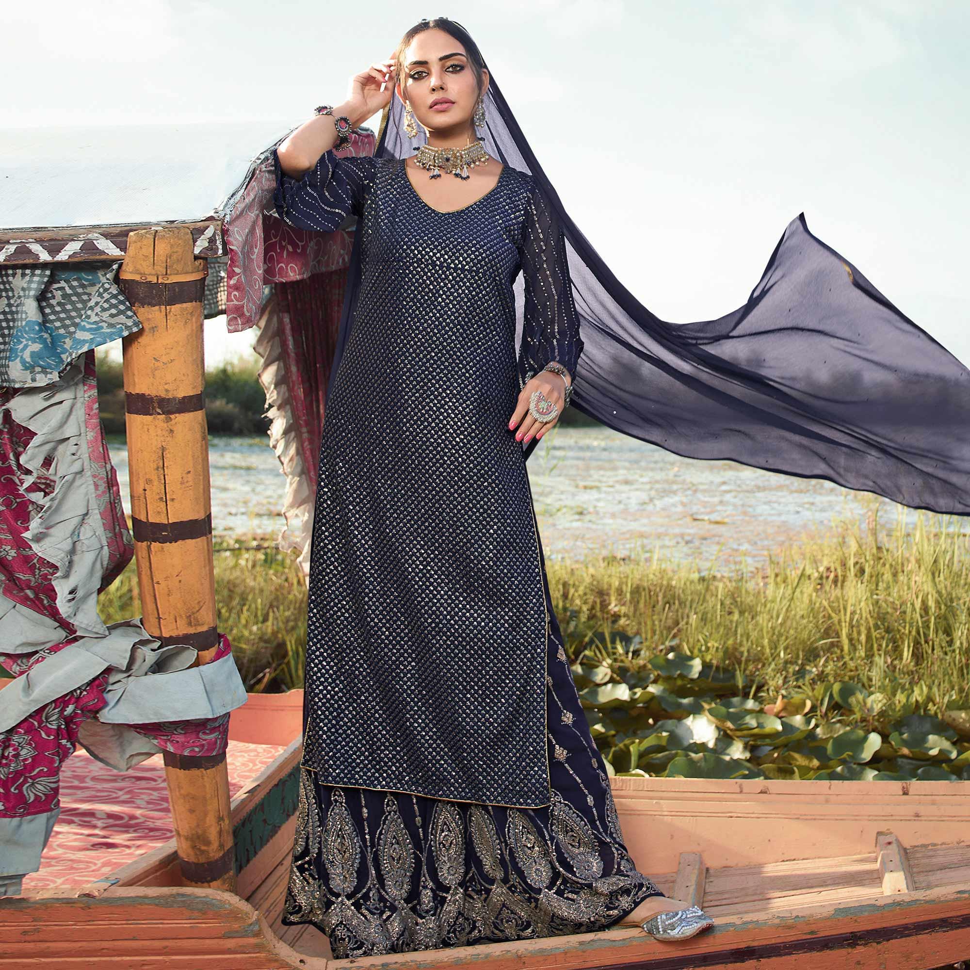 Peachmode Majesty Navy Blue Colored Embroidered Partywear Heavy Georgette Suit