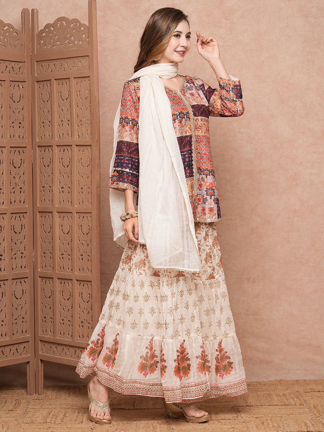 Fashor Multi Printed Sequins & Resham Embroidered kurti with Sharara & Dupatta - Multi - view 5