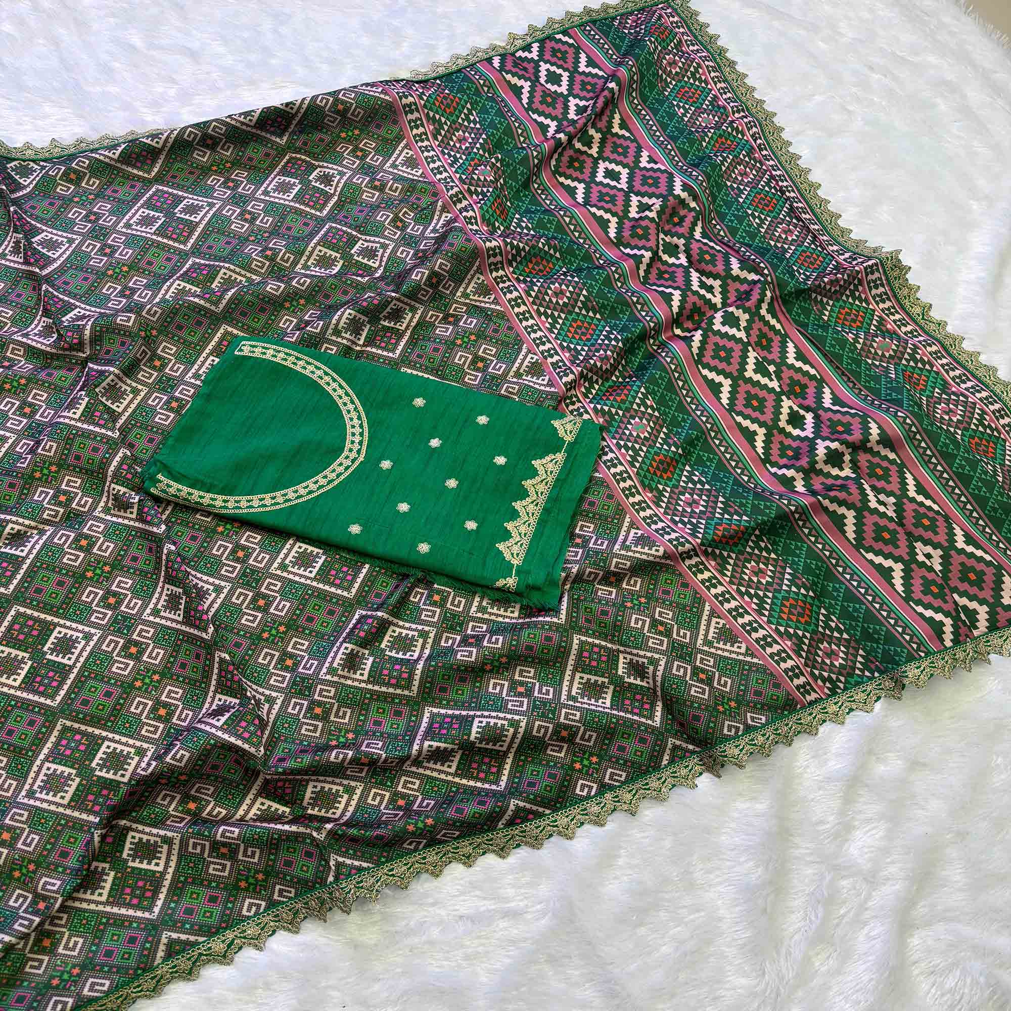 Green sarees – BlackTree green-printed-patola-tussar-silk-sare