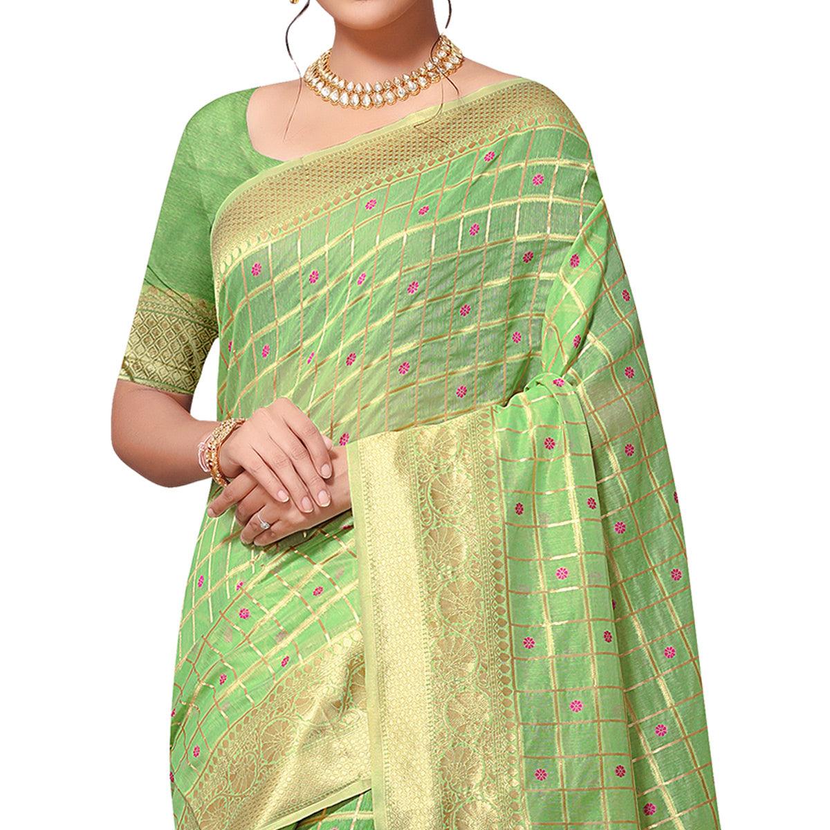 Peachmode Innovative Green Colored Festive Wear Woven Cotton-Art Silk Saree - view 4