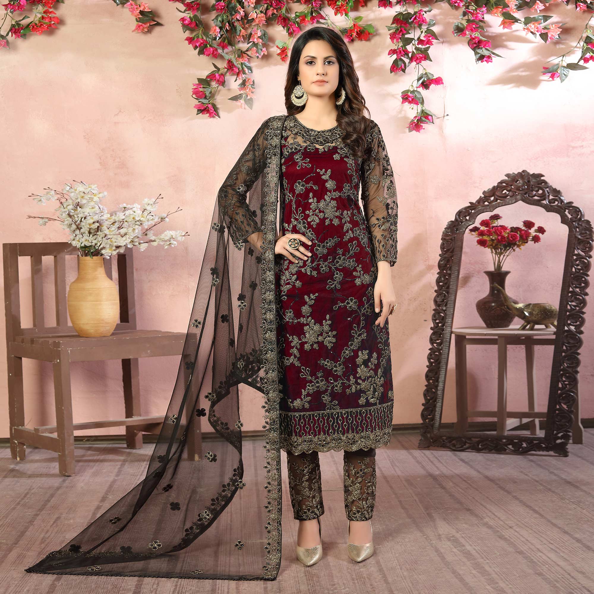 Peachmode Maroon Floral Embroidered Net Semi Stitched Suit - view 2