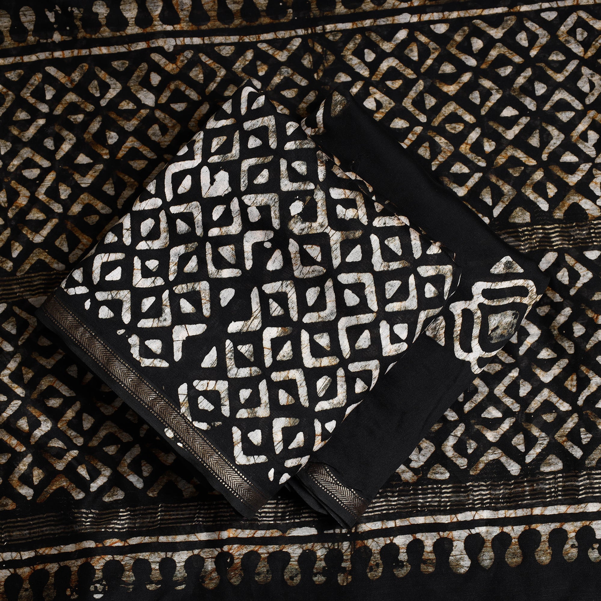 BATIK BY MD. SHARIFF Black - 3pc Chanderi Silk Hand Batik Print Dress Material - view 2