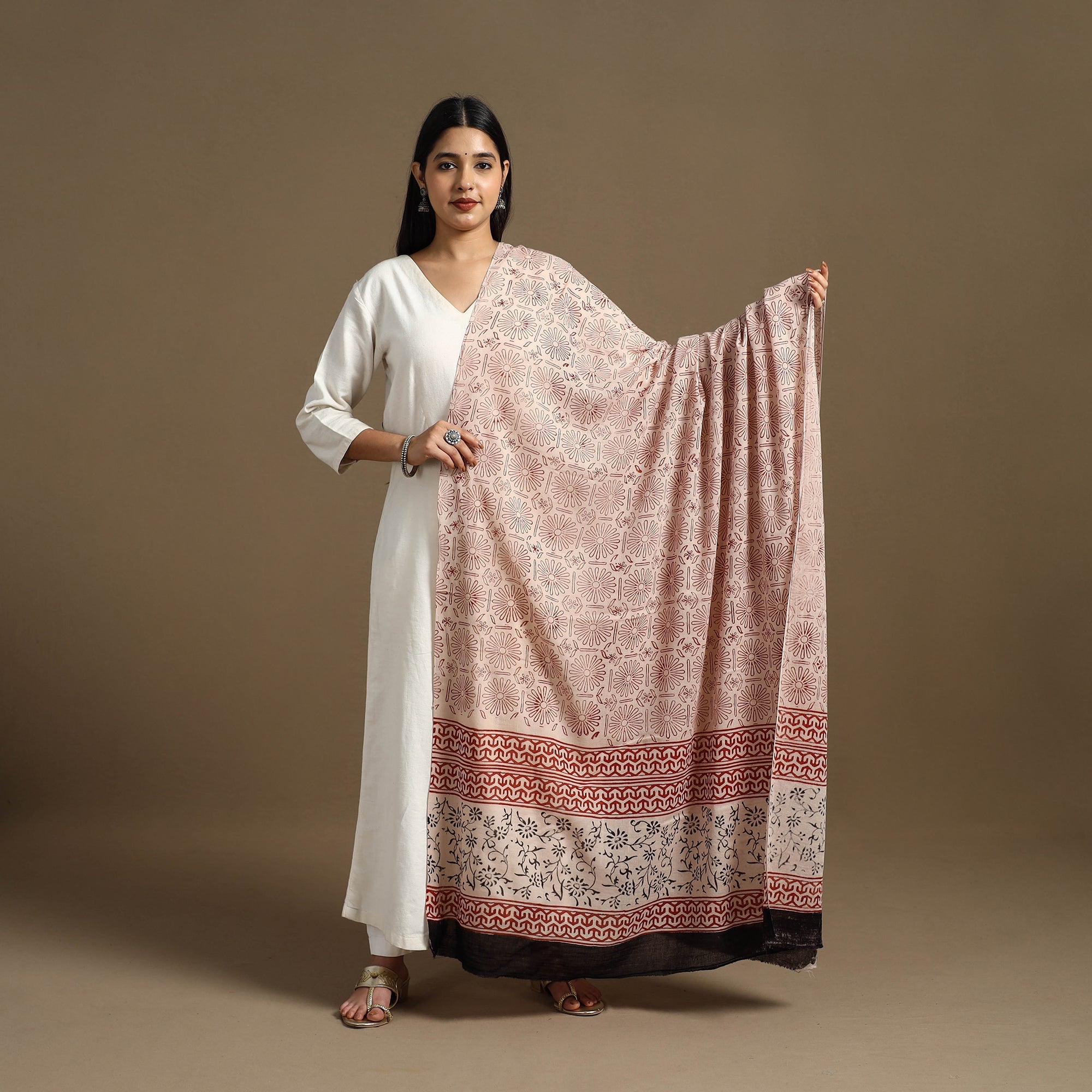 ARTISAN HAND BLOCK PRINTS Beige - Block Print Mul Cotton Bagru Dupatta 10 - view 2