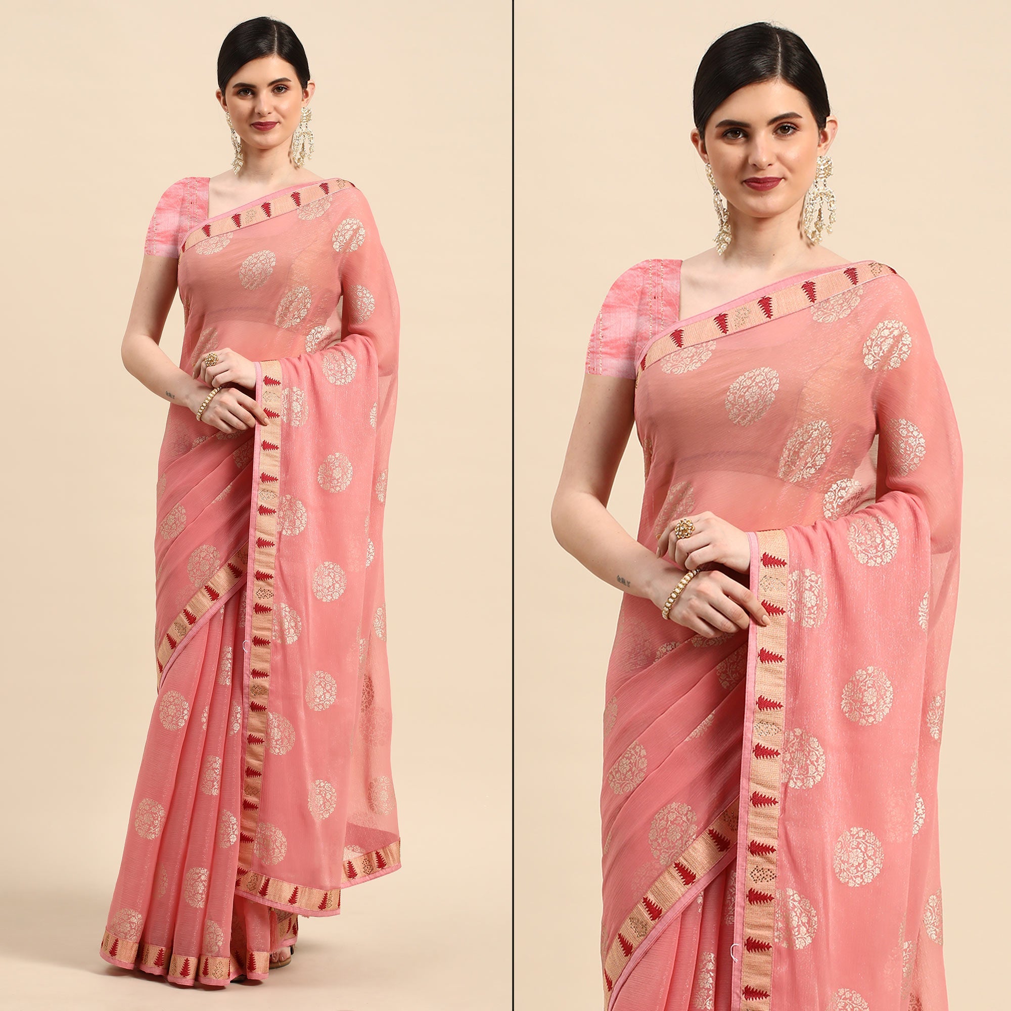 Peachmode Light Pink Foil Printed With Swarovski Chiffon Saree