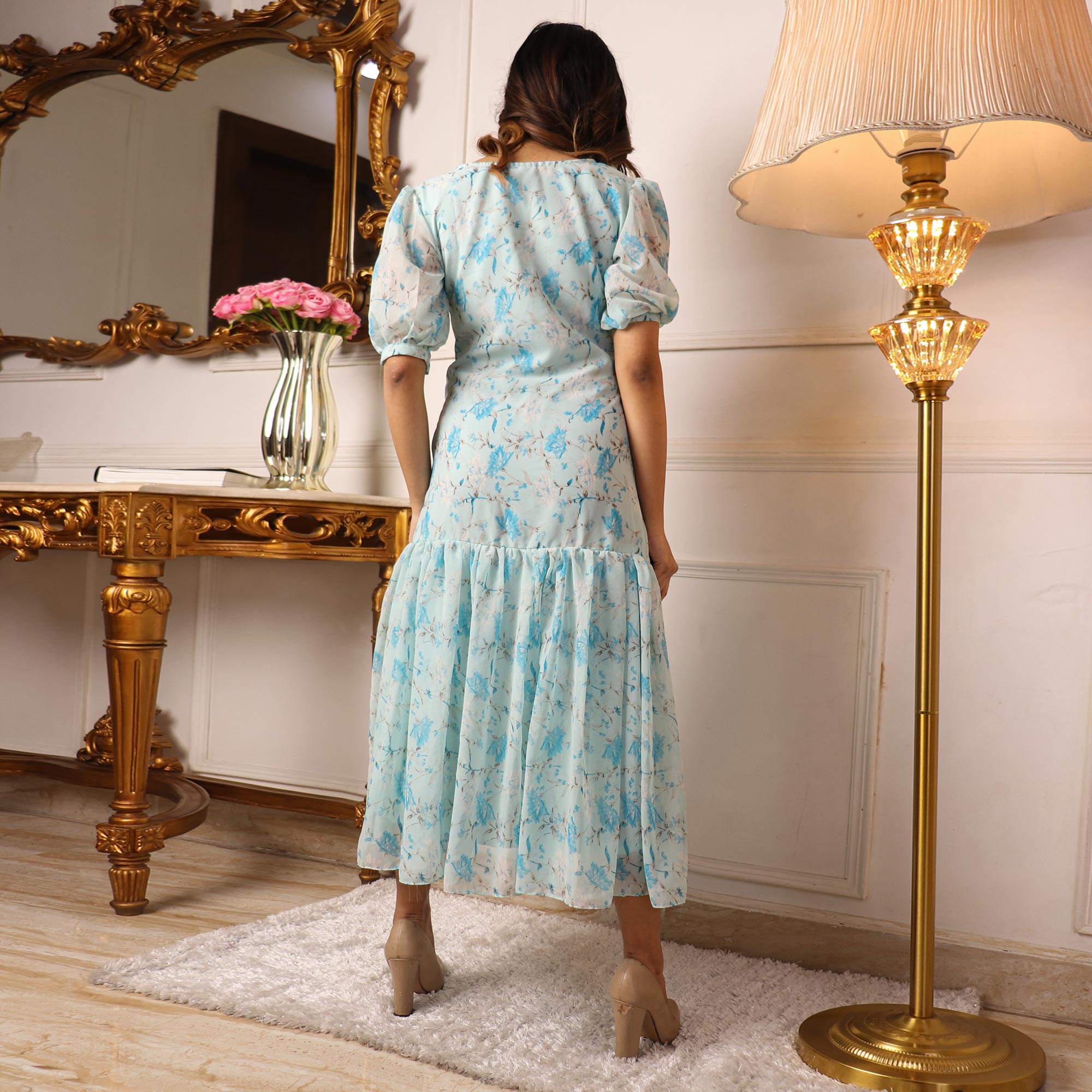 Peachmode Seller Light Blue Floral Printed Georgette Dress - view 6