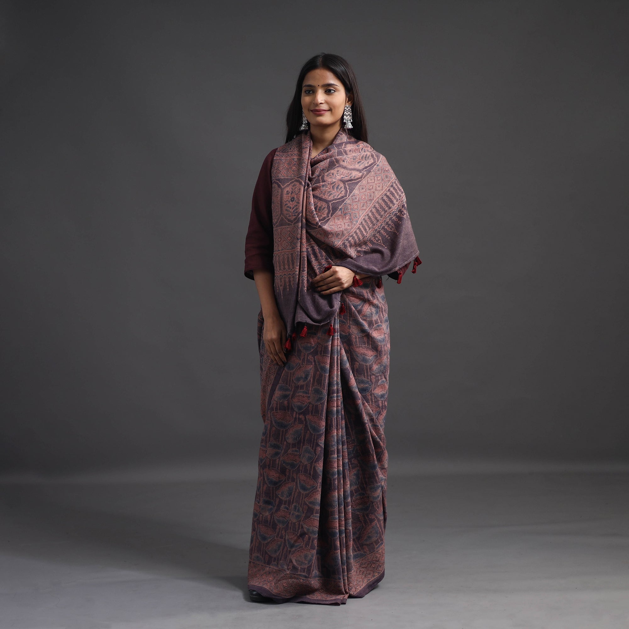 AJRAKH BY JABBAR KHATRI Brown - Merino Wool Block Print Ajrakh Saree with Tassels 06 - view 3