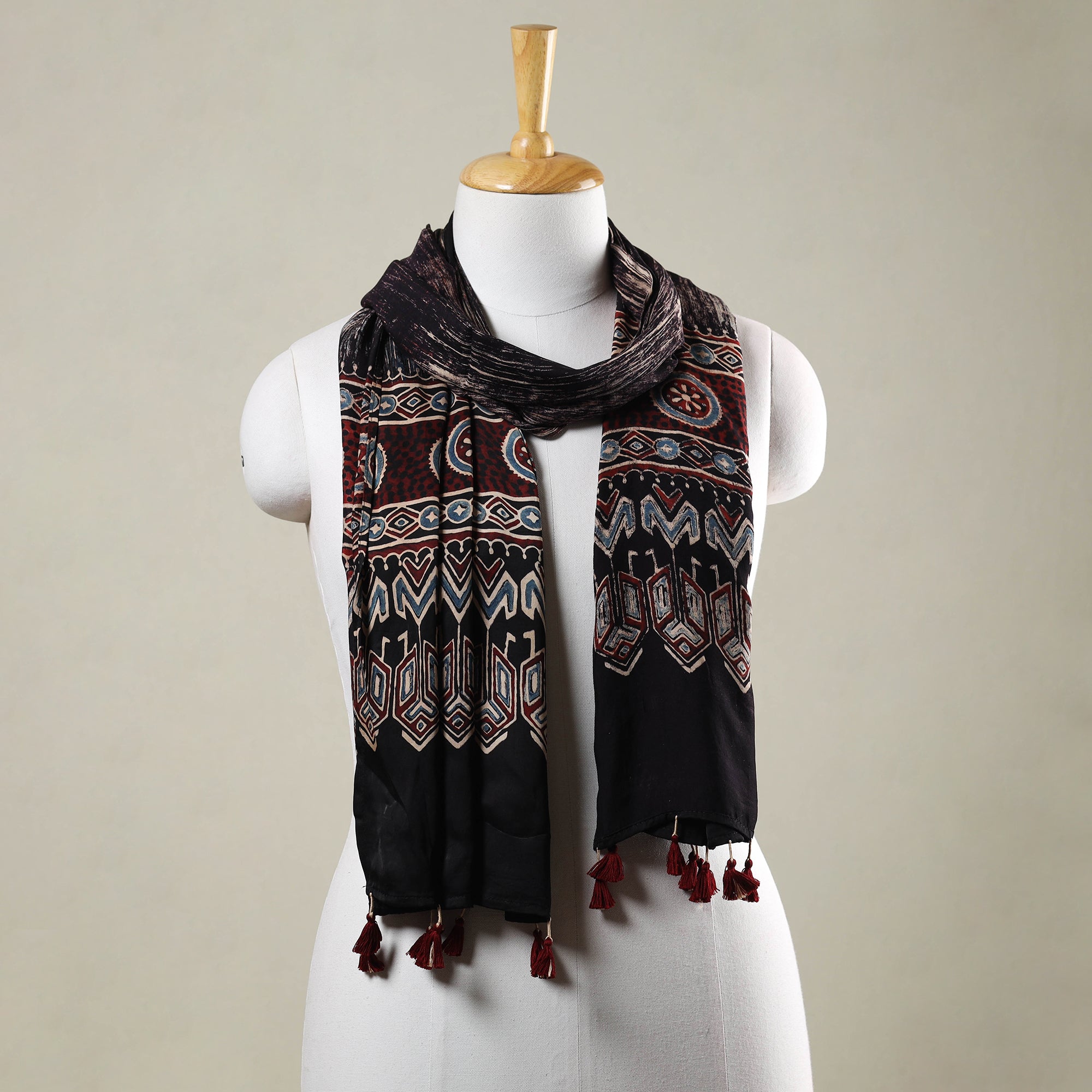 RIYAZ ABDULMAJID KHATRI - AJRAKH Black - Ajrakh Hand Block Printed Modal Silk Stole with Tassels