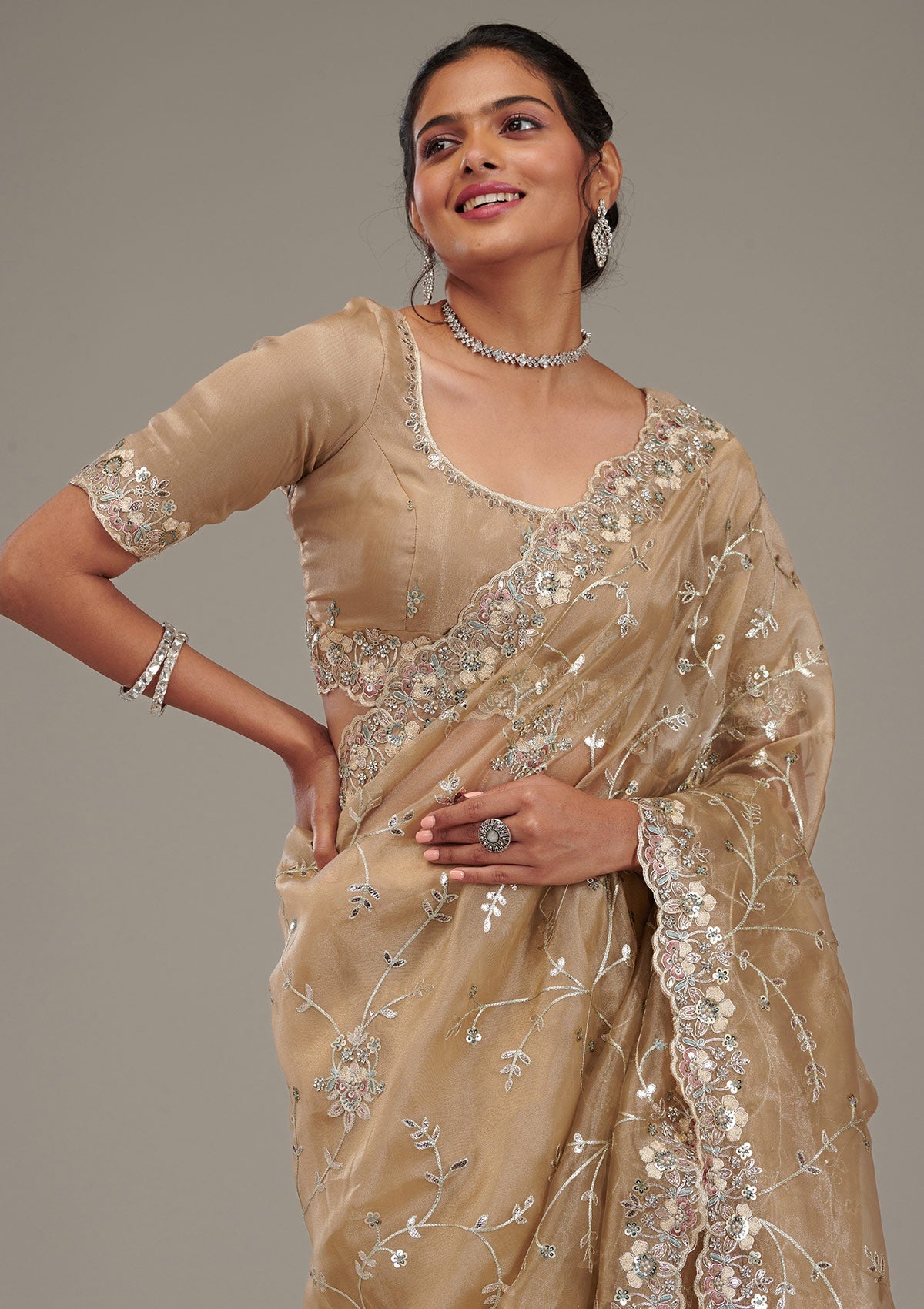 Koskii Beige Zariwork Tissue Saree – Women's - view 7