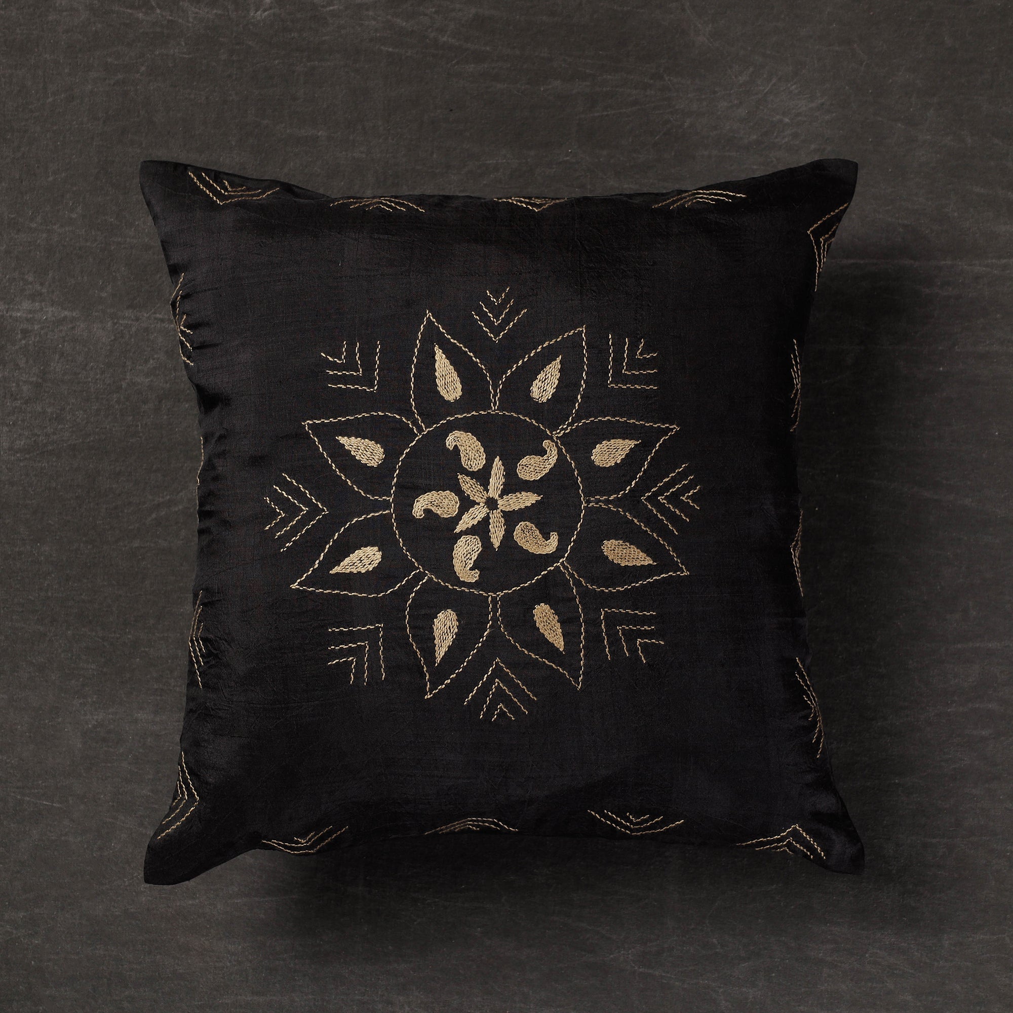 SASHA Black - Alpana - Kantha Embroidery Handloom Silk Cushion Cover (16 x 16 in)