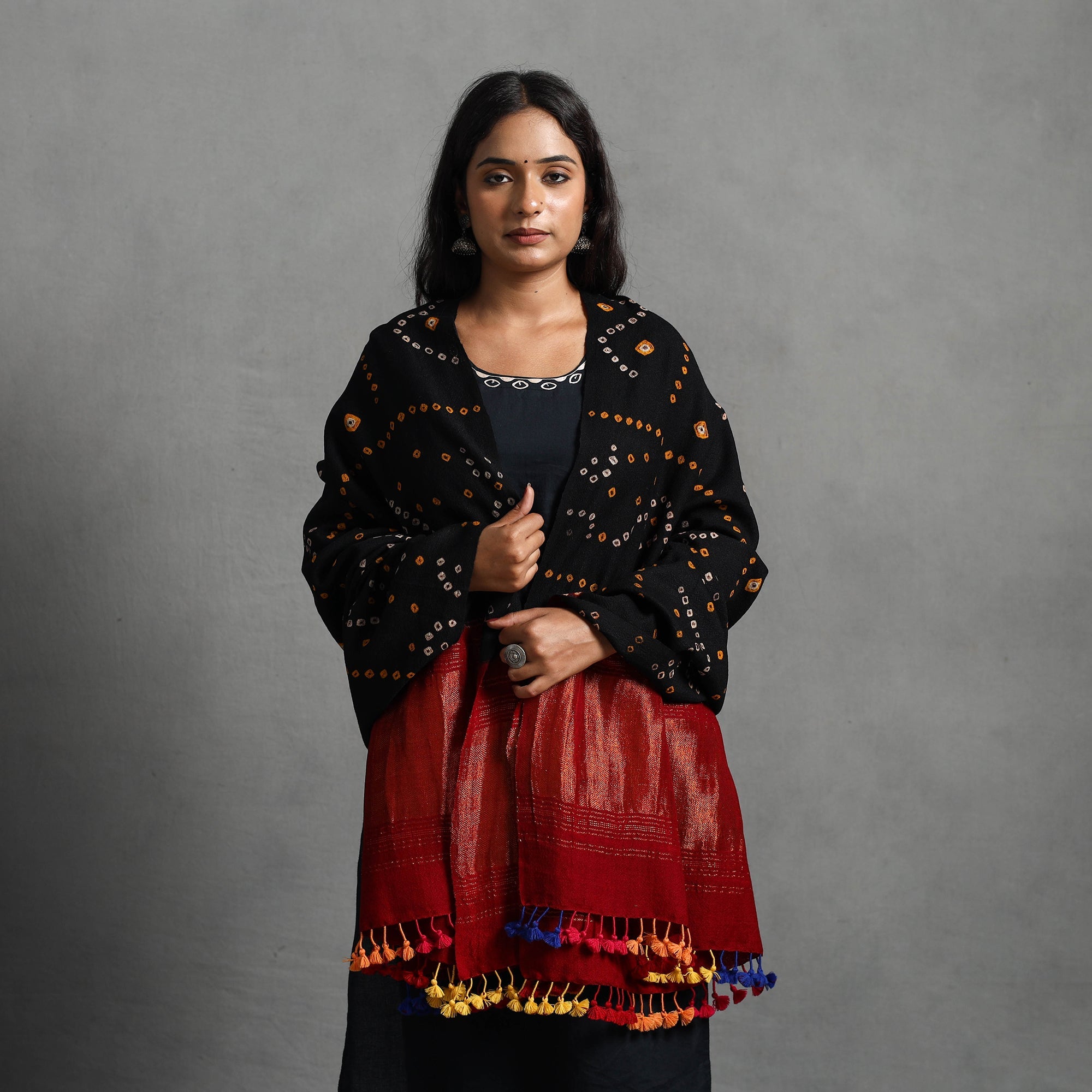 VANKAR BHIMJI KANJI Black - Kutch Zari Work Handwoven Bandhani Woolen Shawl 22