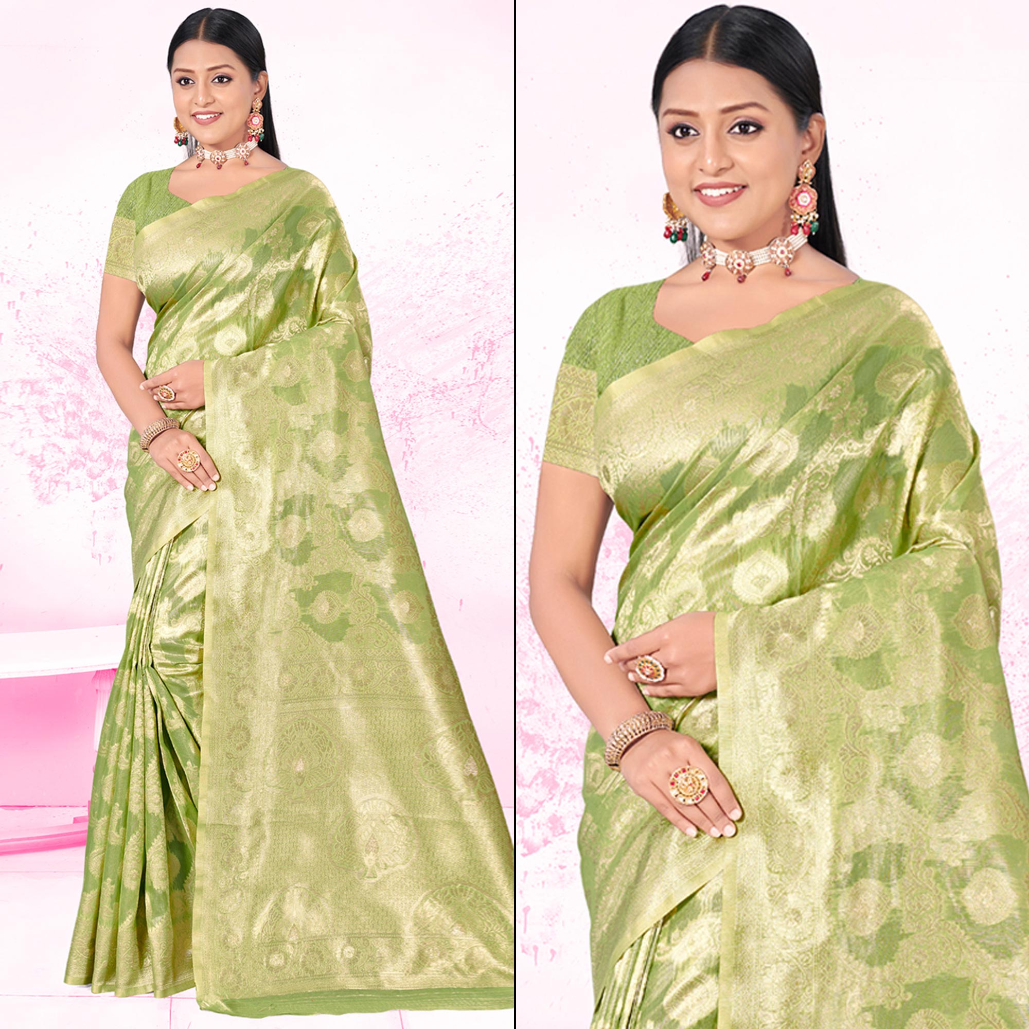 Peachmode Light Green Woven Cotton Blend Saree