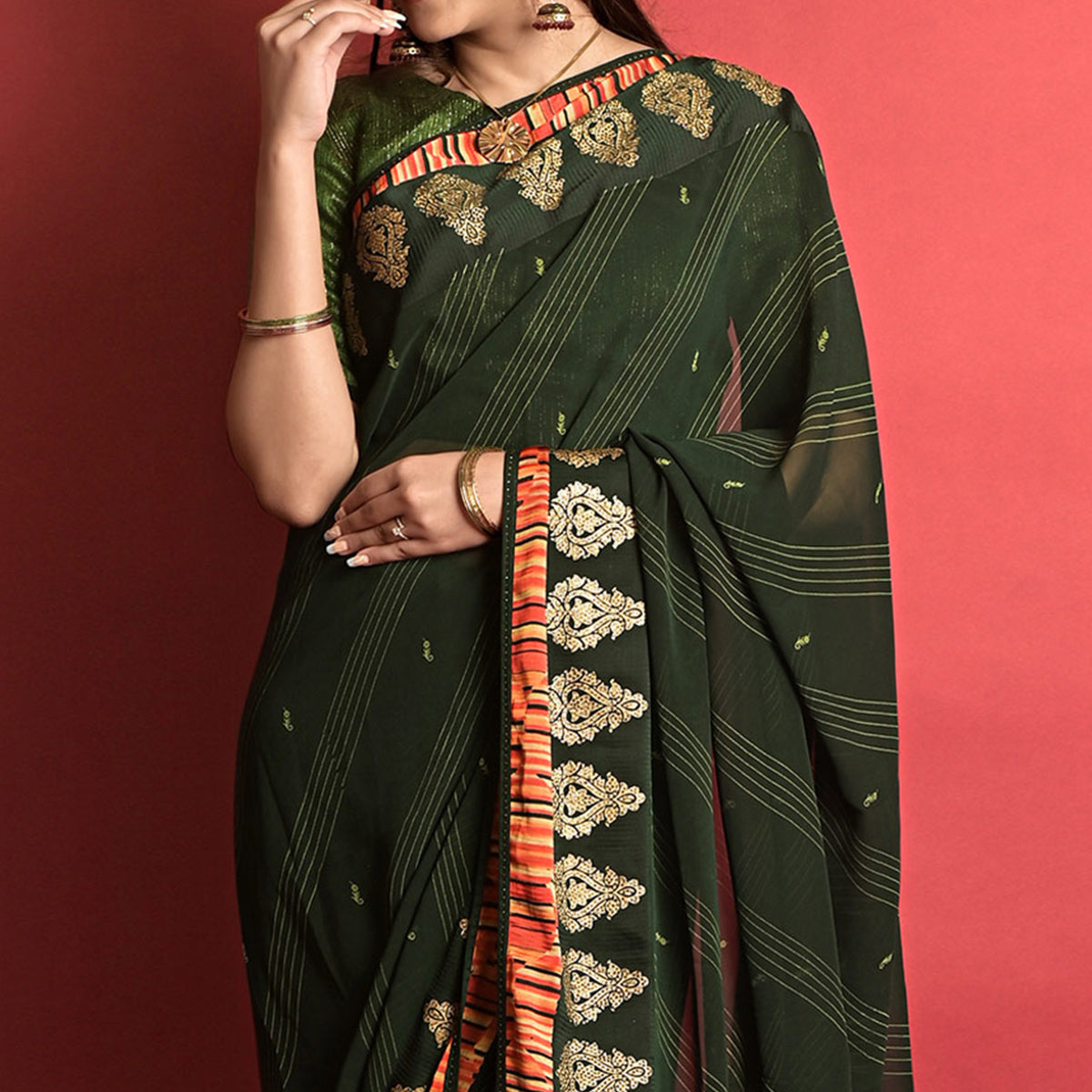 Peachmode Bottle Green Printed Georgette Saree - view 2