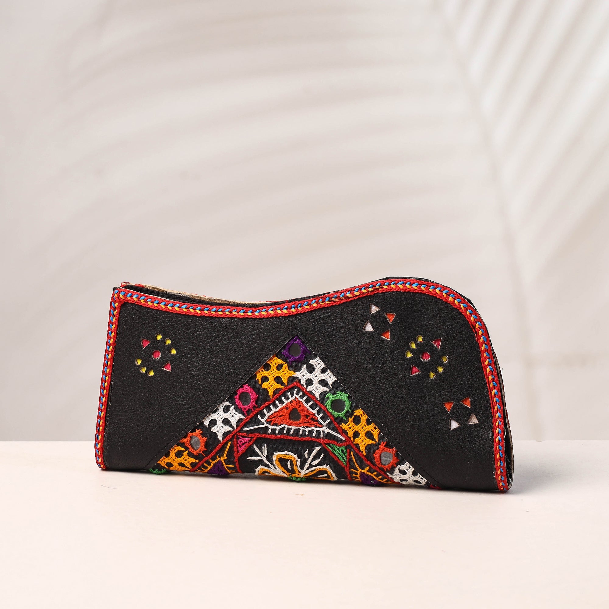 KACHCHH JI CHHAAP Black - Handcrafted Kutch Embroidery Leather Clutch / Wallet