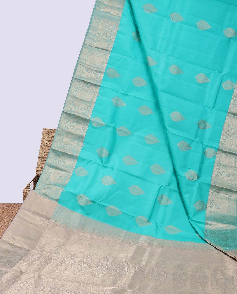 Pothys Blue zari buttas silk saree, zari border of manga,kamalam,muthu,mayil & yaanai & contrast intricate pallu - view 2