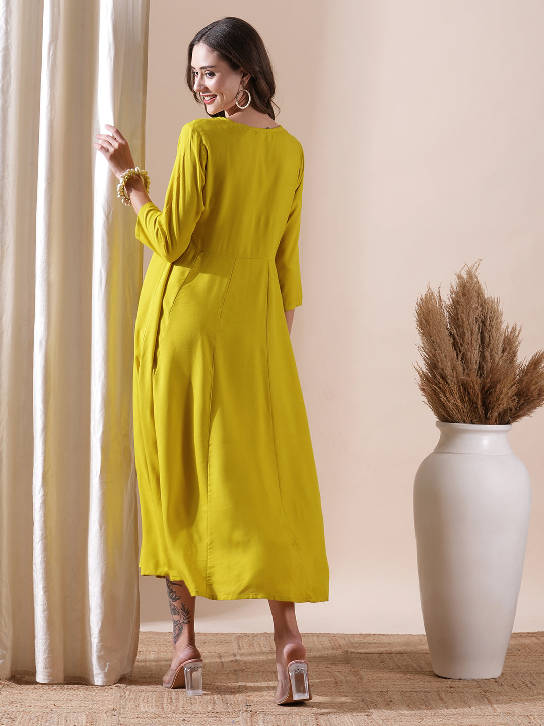 Fashor Solid Mirror & Resham Embroidered Anarkali Kurta - Yellow - view 6