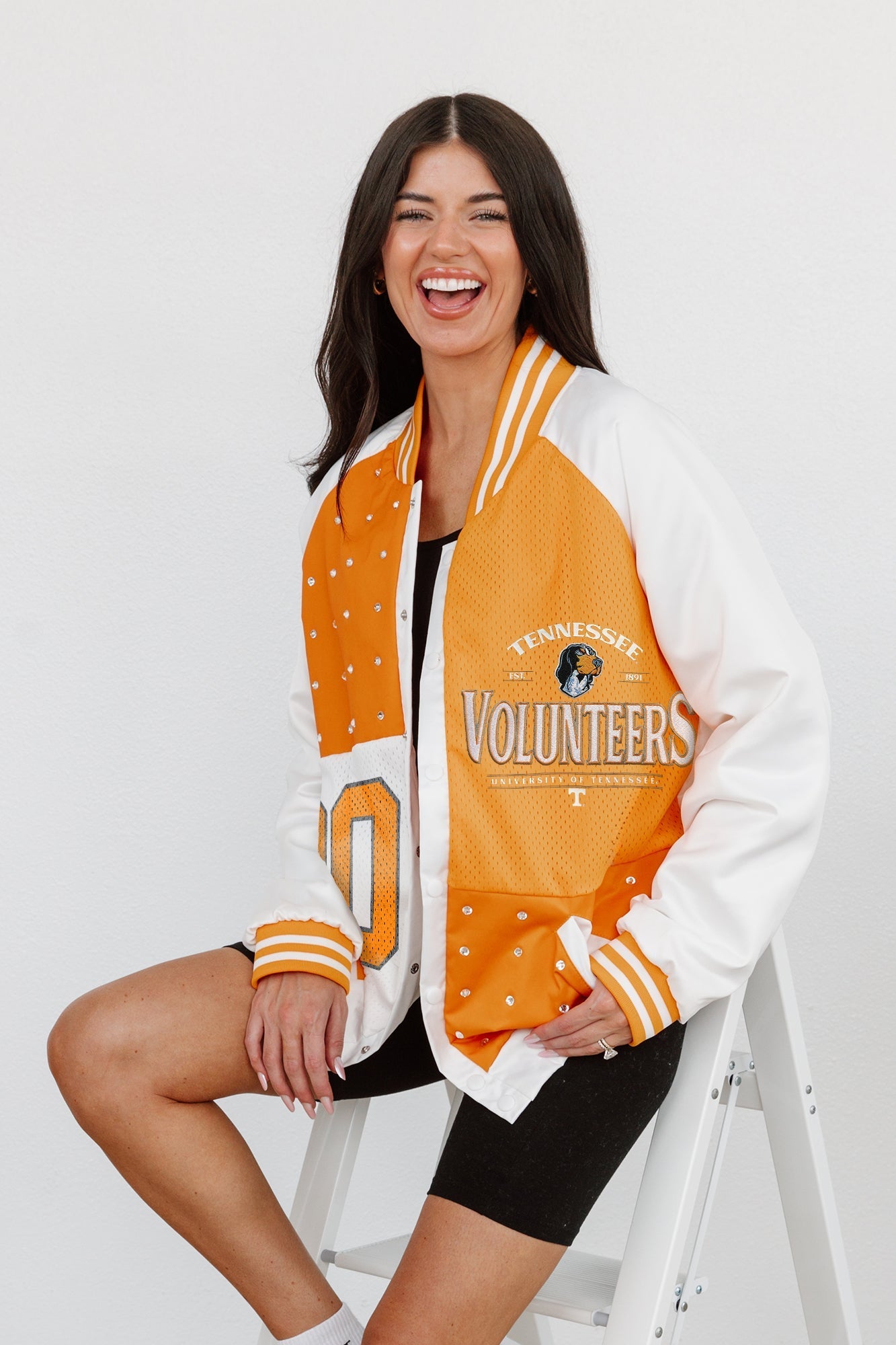 MADI X GC Tennessee Volunteers Hot Shot Mixed Media Throwback Varsity Bomber Jacket With Rhinestone Inserts By Madi Prewett Troutt - view 4