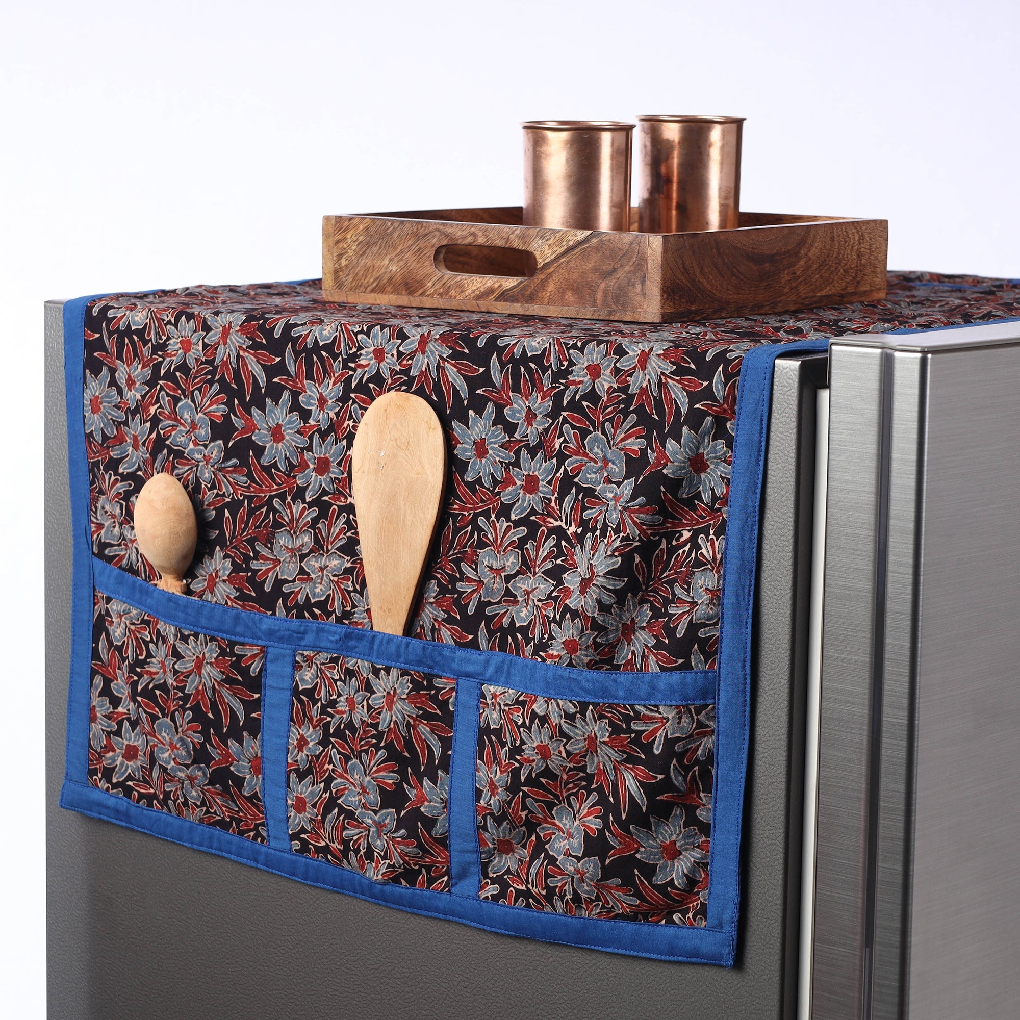 JALPARI Black - Ajrakh Block Printed Cotton Fridge Top Cover with Multiple Pockets