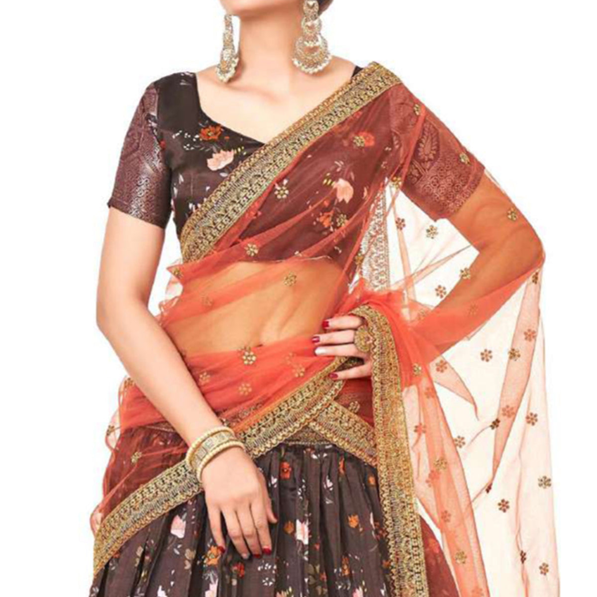 Peachmode Brown Digital Printed With Zari Work Art Silk Lehenga Choli - view 2