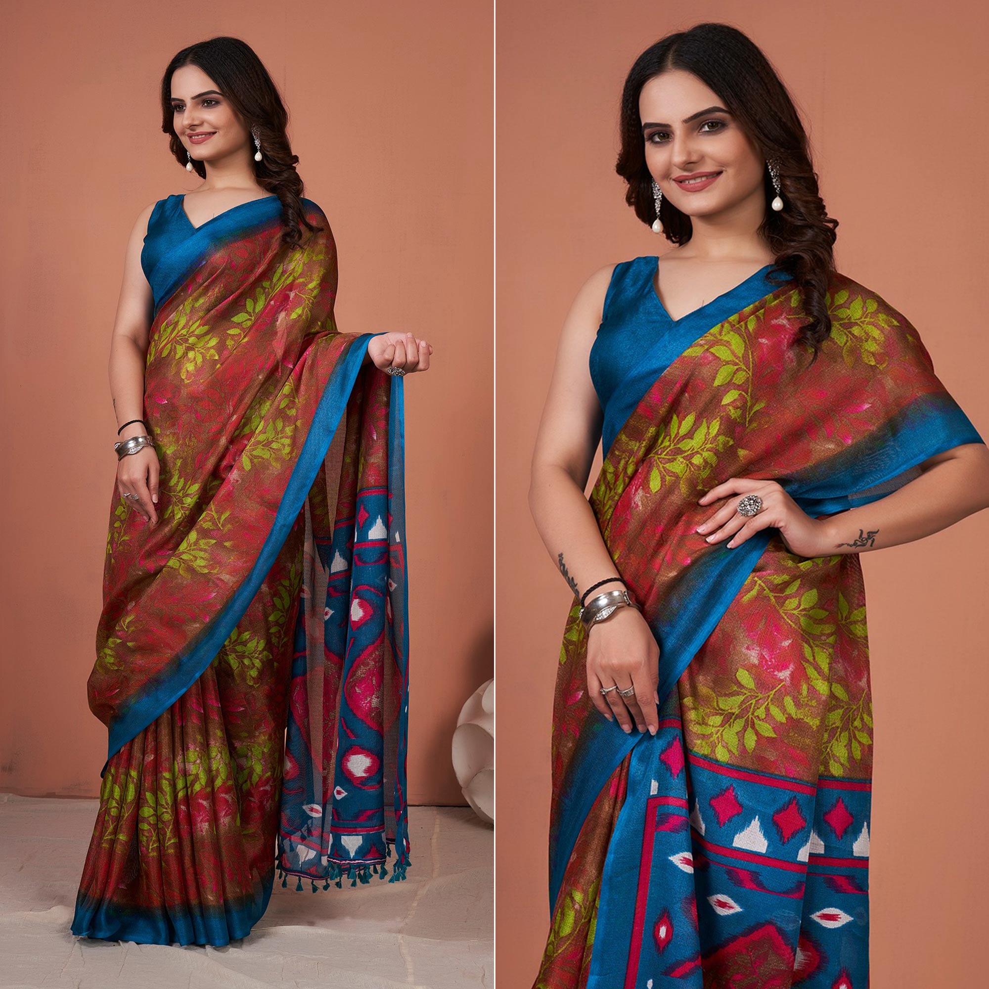 Peachmode Brown Printed Jute Saree With Tassels