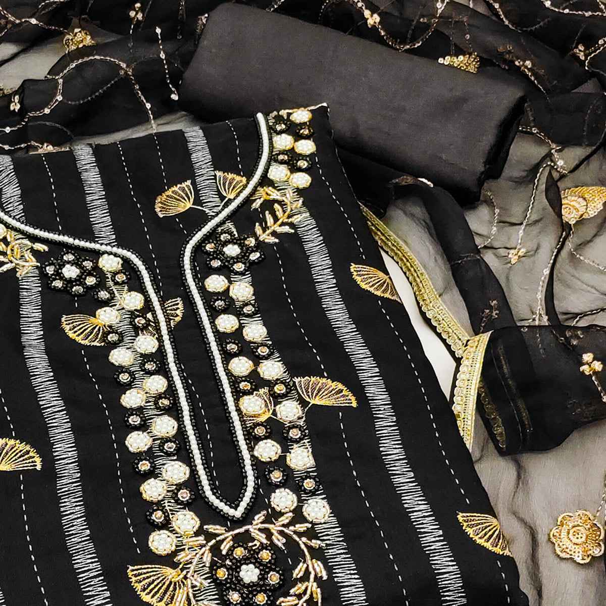 Peachmode Black Floral Foil Printed With Handwork Chanderi Dress Material - view 2