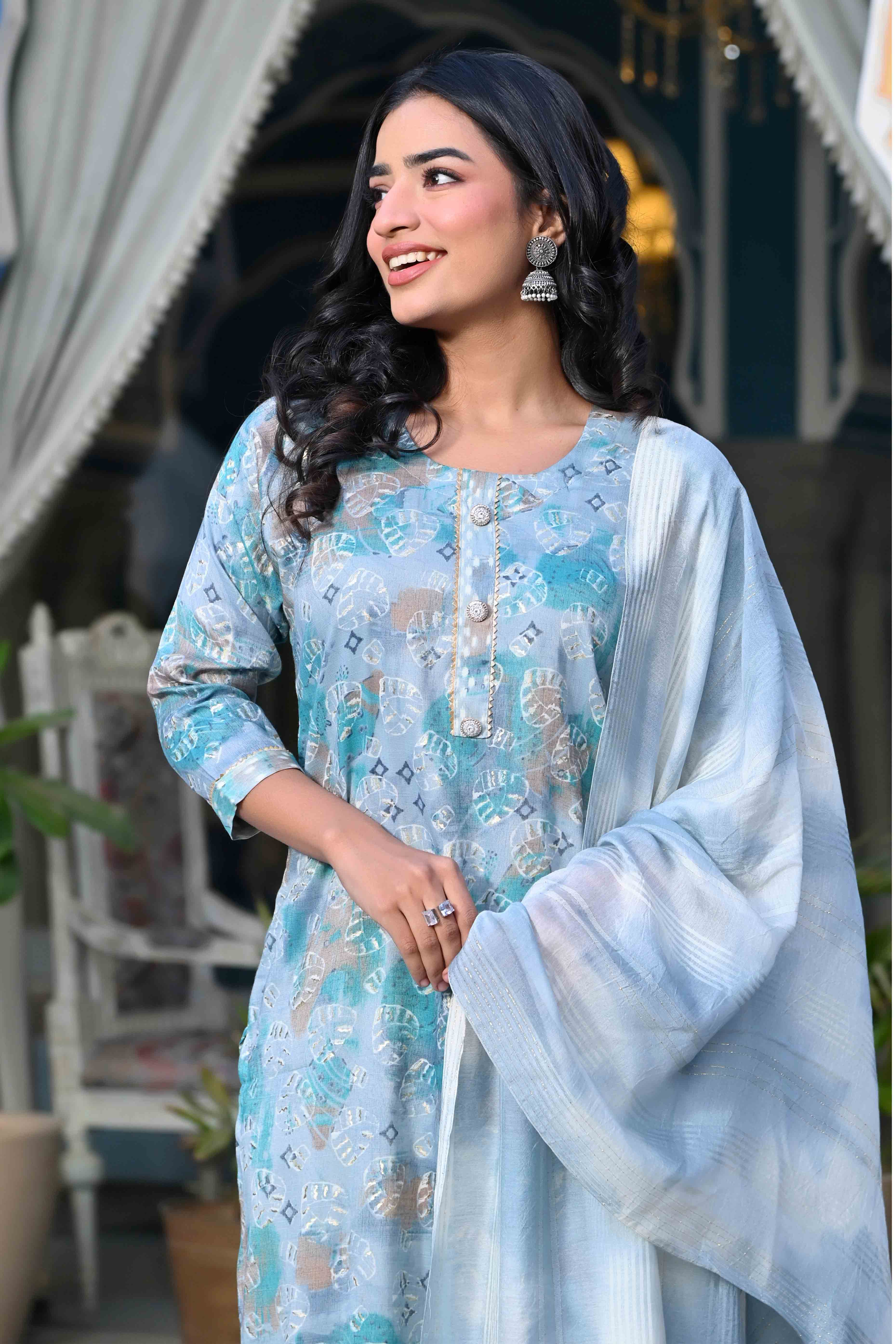 BlackTree grey-turquoise-floral-foil-printed-rayon-salwar-suit - view 7