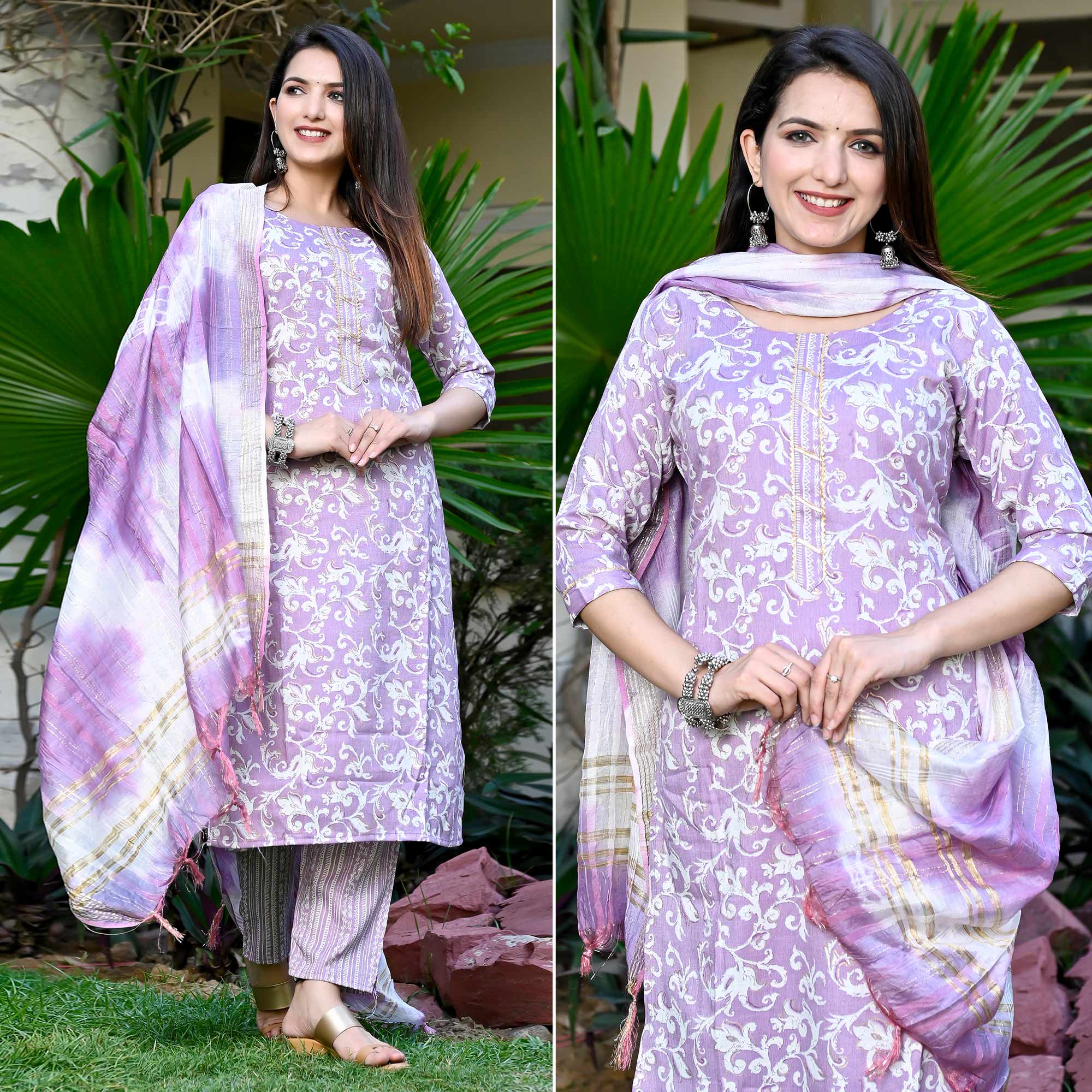 Peachmode Lavender Floral Printed Rayon Suit