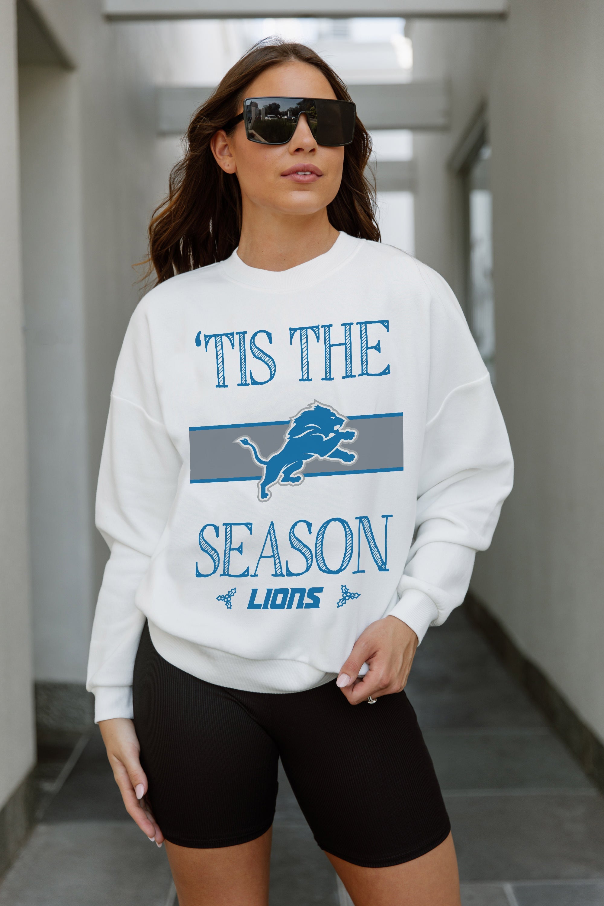 GC X NFL Detroit Lions Touchdown Tidings Drop Shoulder Crewneck Sweatshirt