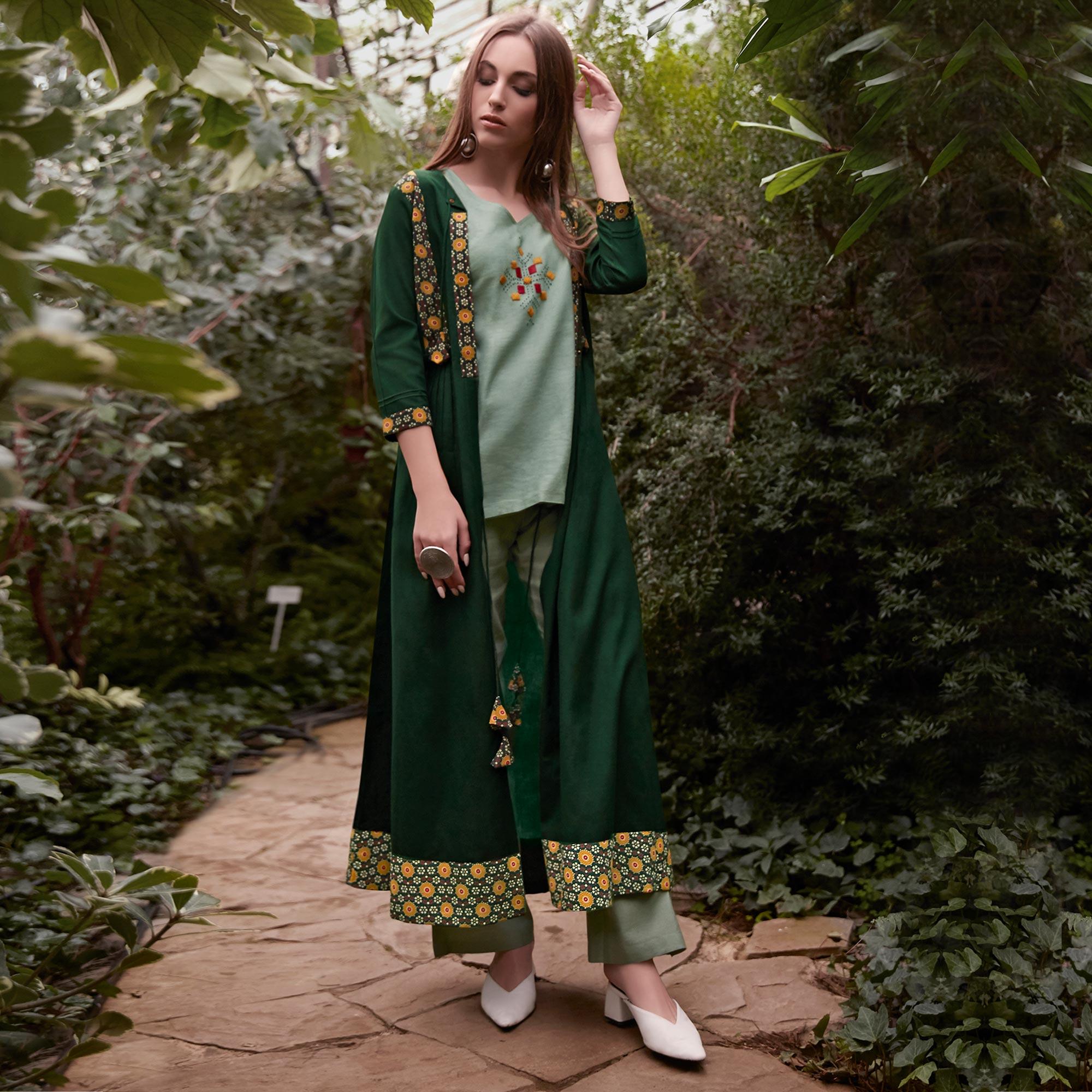 Peachmode Light Mint-Green Partywear Embroidered Rayon Top-Bottom Set With Shrug