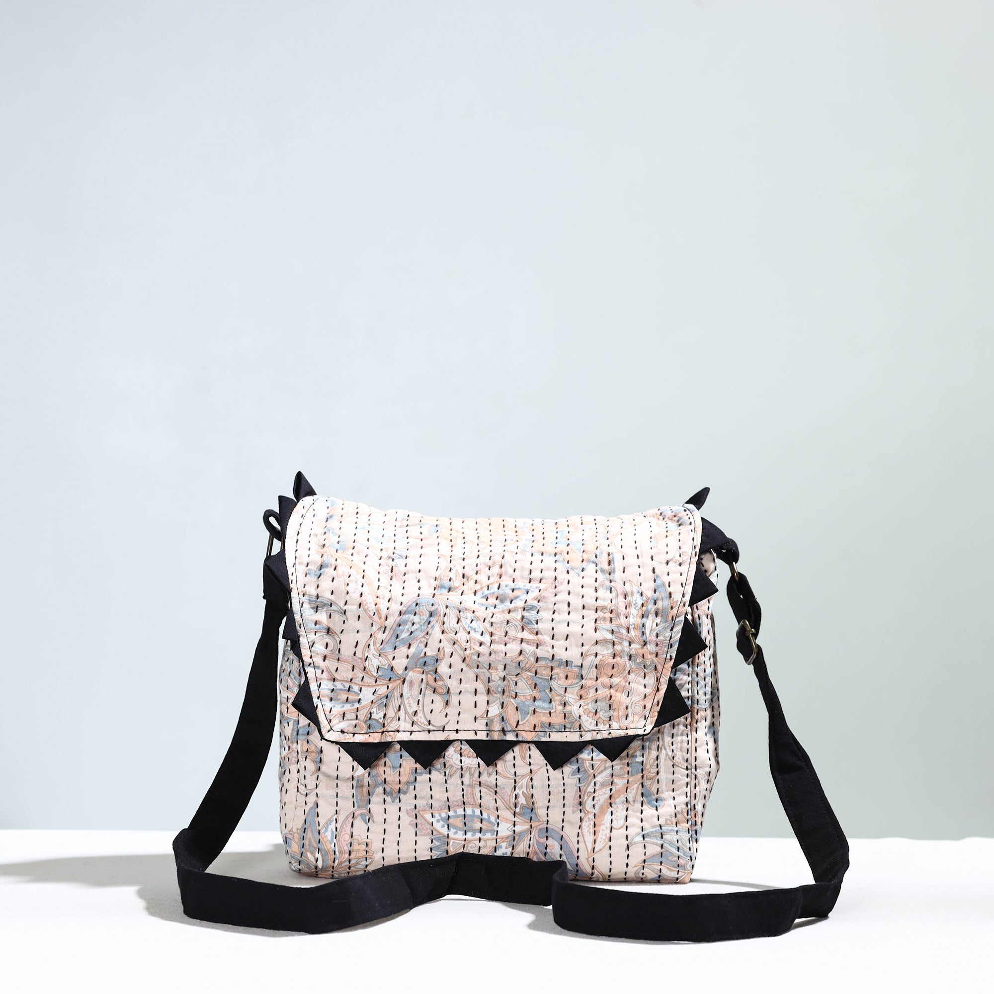 Beige - Jugaad Handmade Running Stitch Cotton Flap Sling Bag - view 2