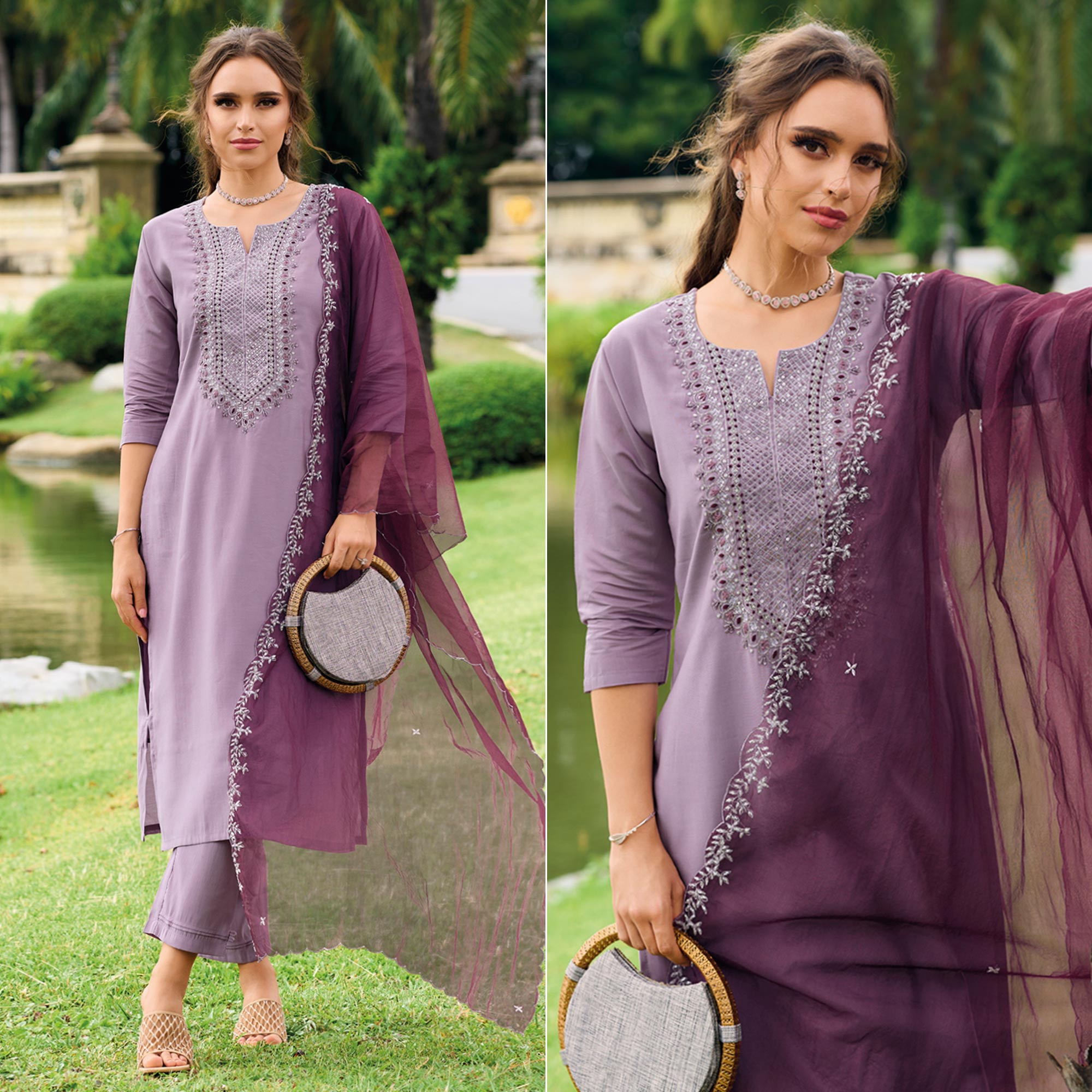 Peachmode Seller Lavender Floral Embroidered Cotton Silk Suit