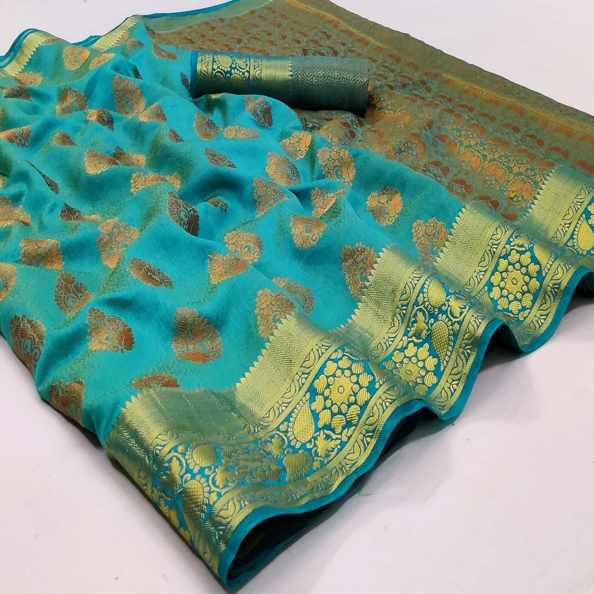 Peachmode Firozi Festive Wear Woven Soft Silk Saree