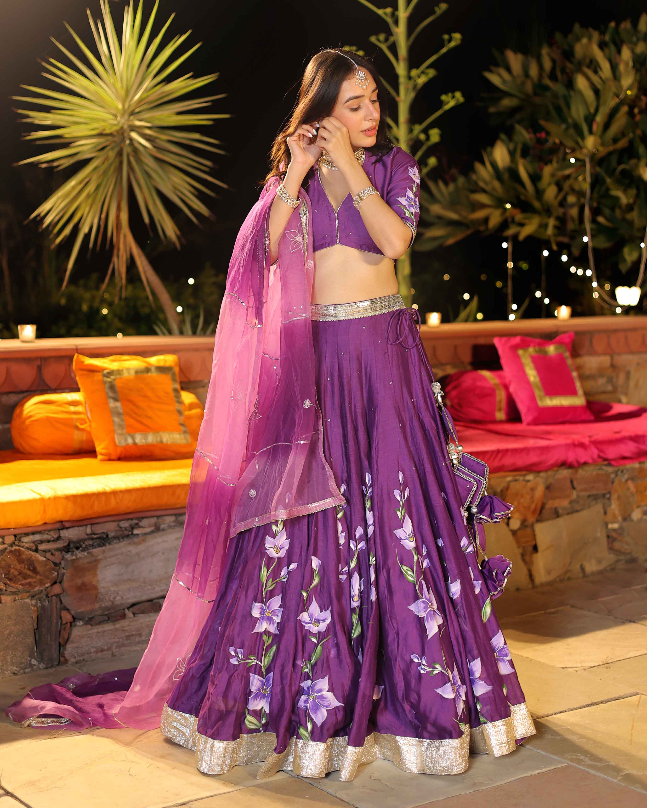 Aachho Purple Whisper Handpainted Chanderi Lehenga Set - view 5