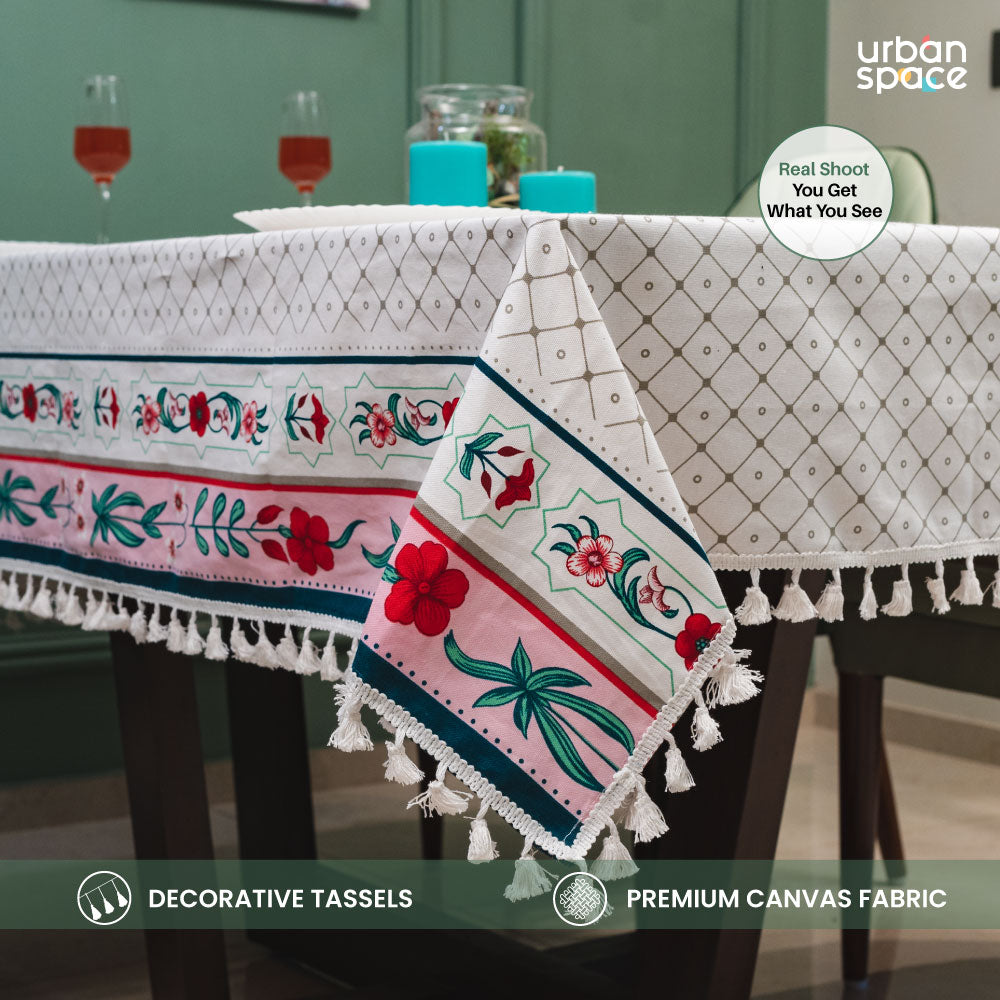 Urban Space Home Furnishing 100% Cotton Dining Table Cover, Printed Cotton Table Cloth with Boho Tassels - Hibiscus Bloom Border Pink - view 3
