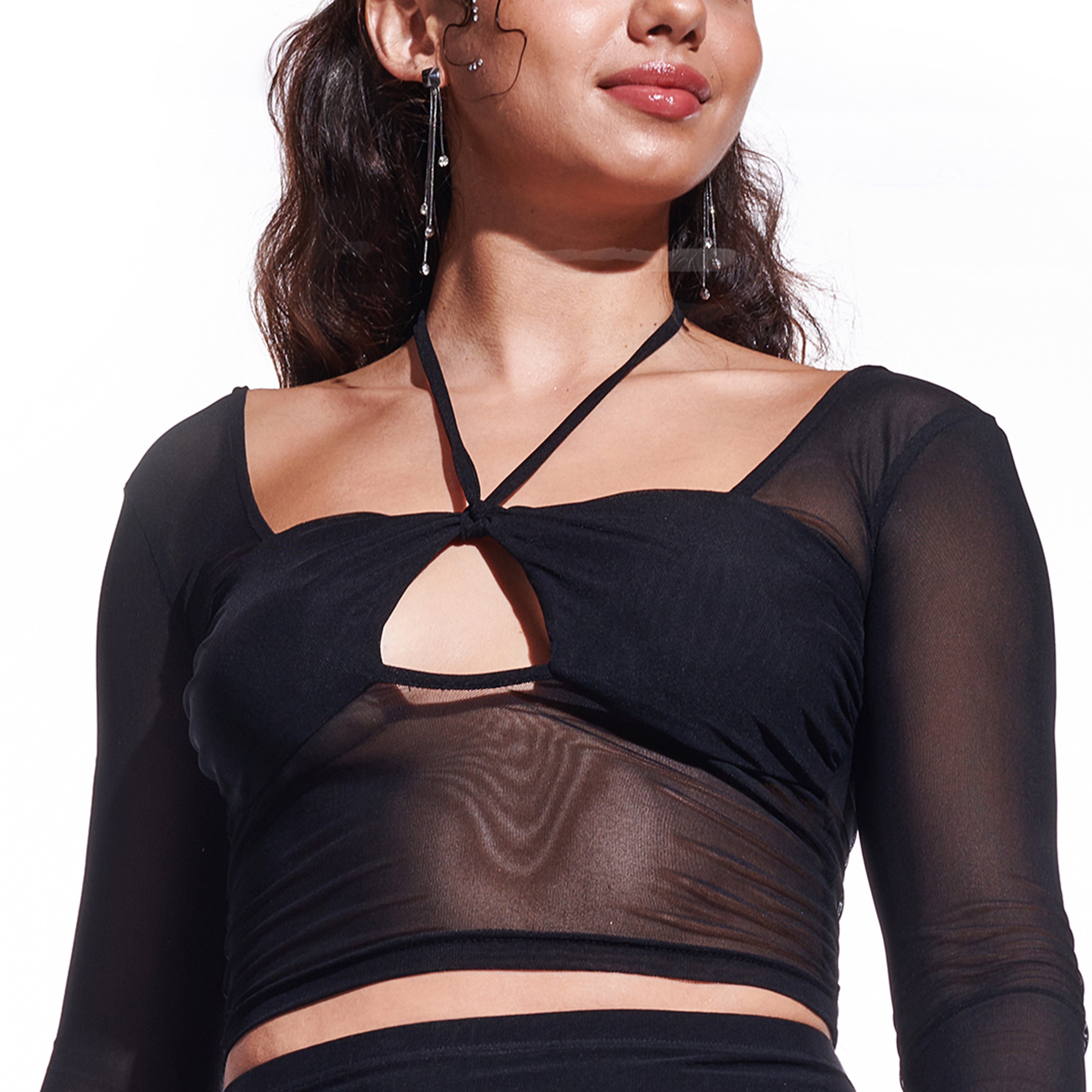 I Z F Black Cross-over long sleeve mesh top - view 8