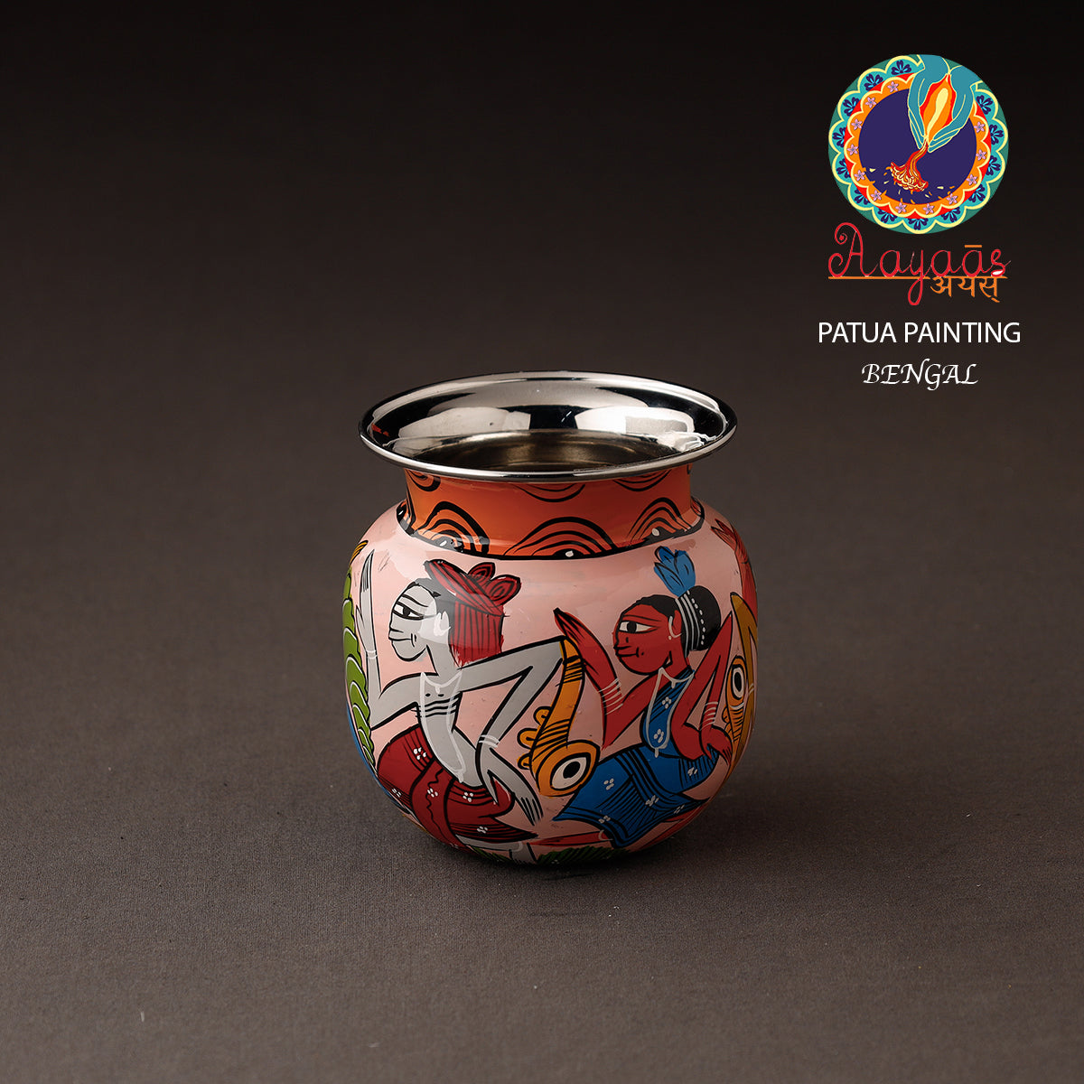 AAYAAS Bengal Patua Handpainted Stainless Steel Lota / Kalash / Container