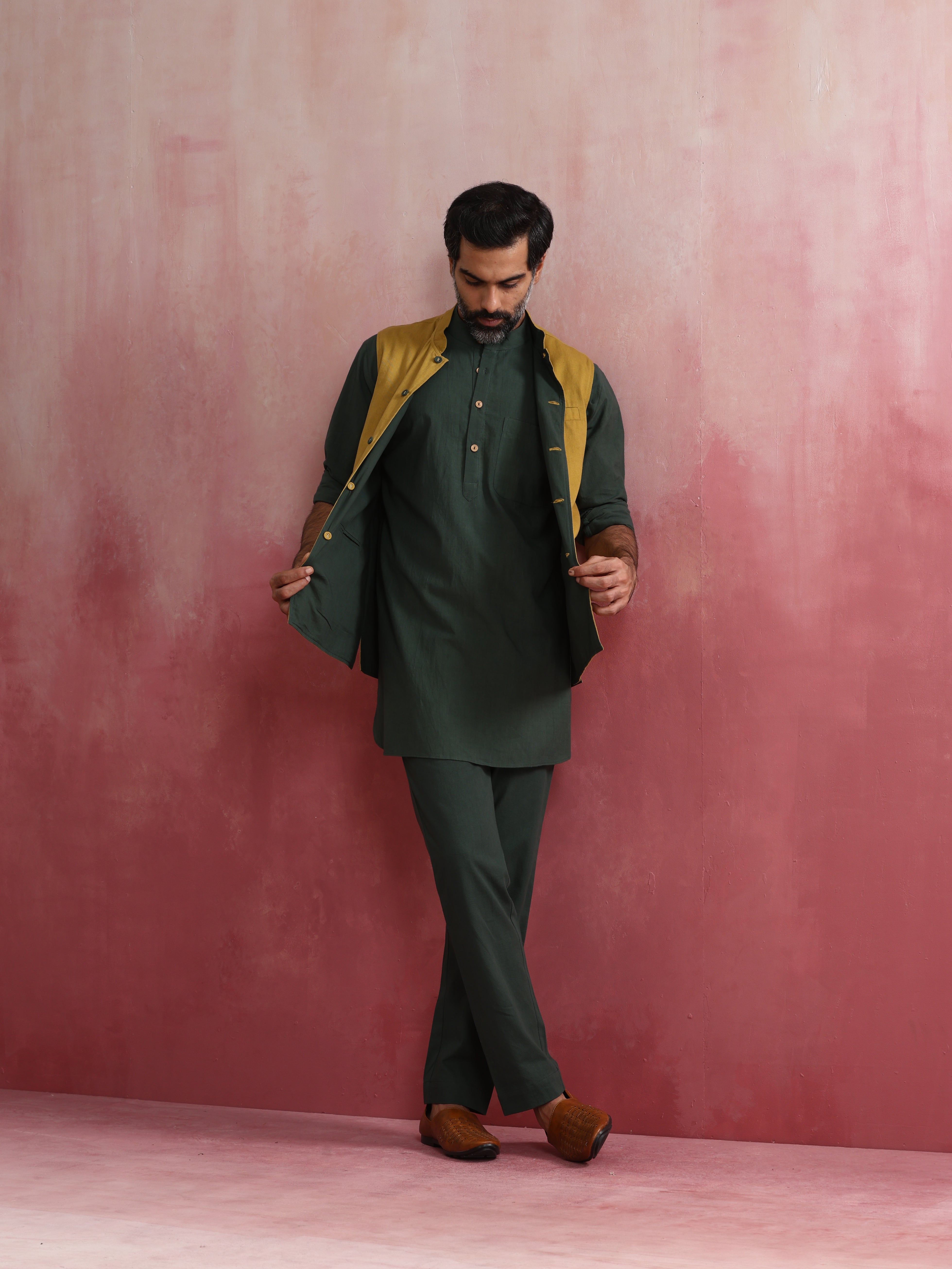 trueBrowns Men's Mustard Reversible Nehru Jacket - view 5