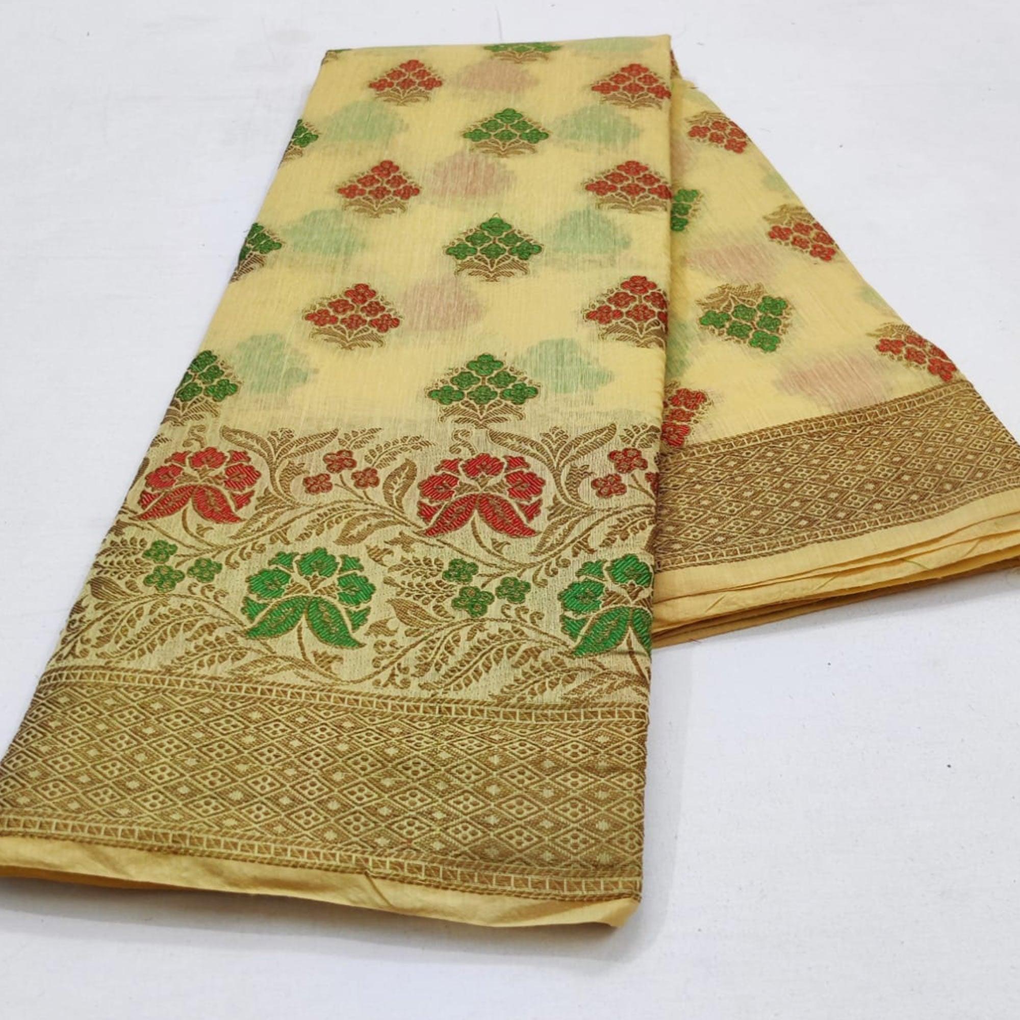 Peachmode Cream Festive Wear Floral Woven Cotton Saree With Meena Butta Pallu