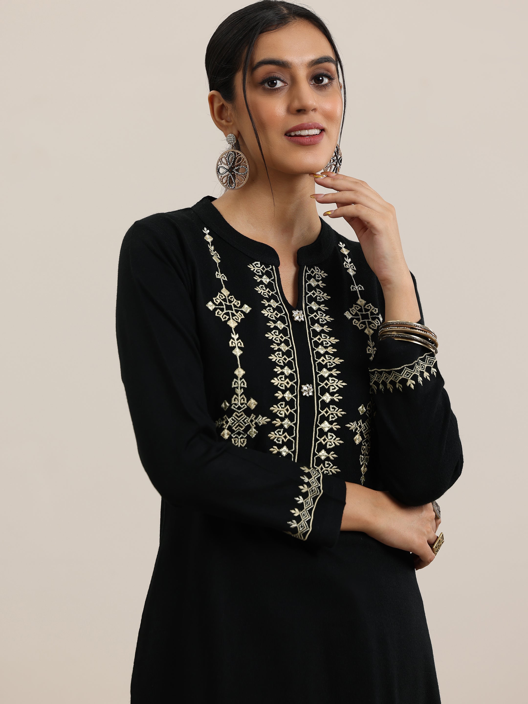 Libas Black Yoke Design Wool Blend Straight Suit With Dupatta - view 7
