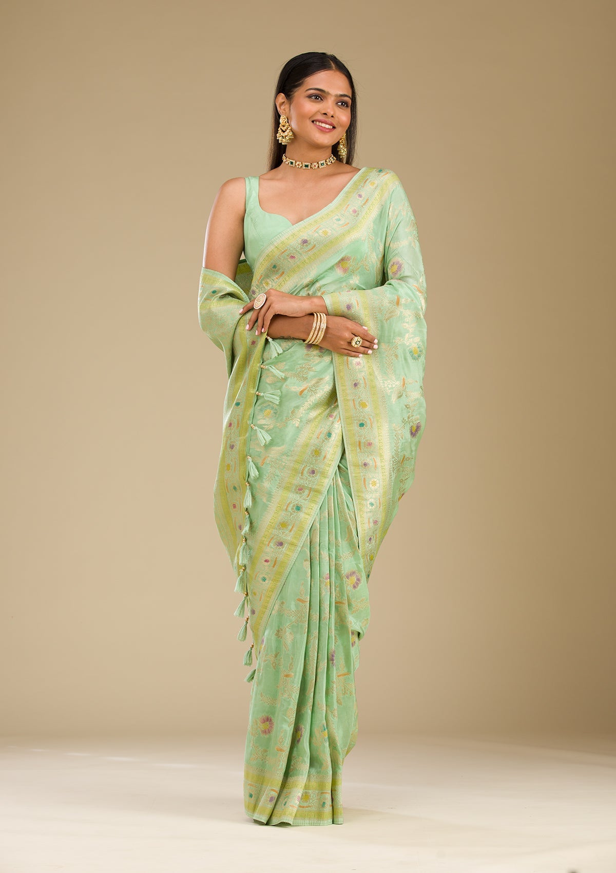 Koskii Pista Green Zariwork Banarasi Silk Saree - view 7