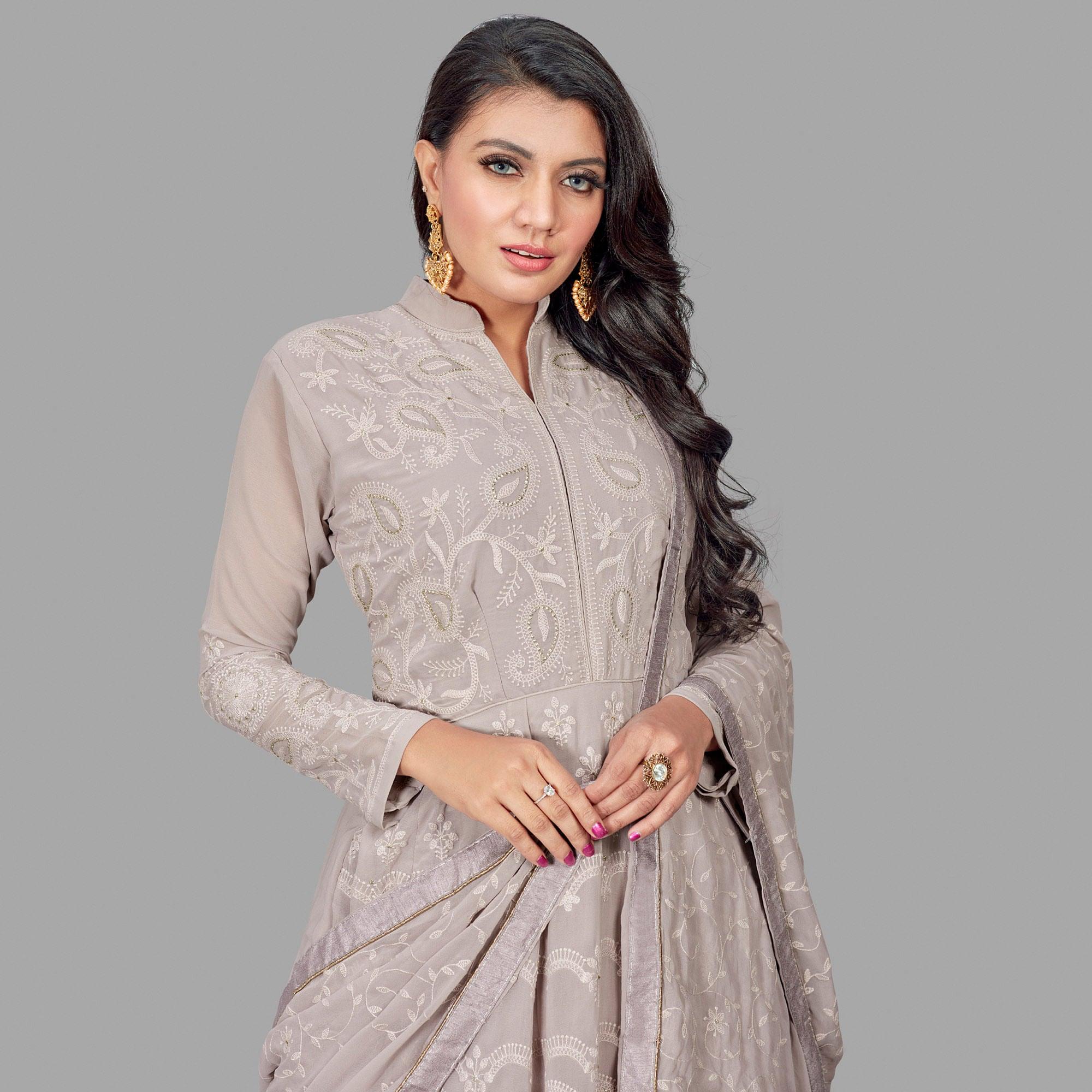 Peachmode Jazzy Grey Colored Party Wear Embroidered Heavy Faux Georgette Anarkali Suit - view 2