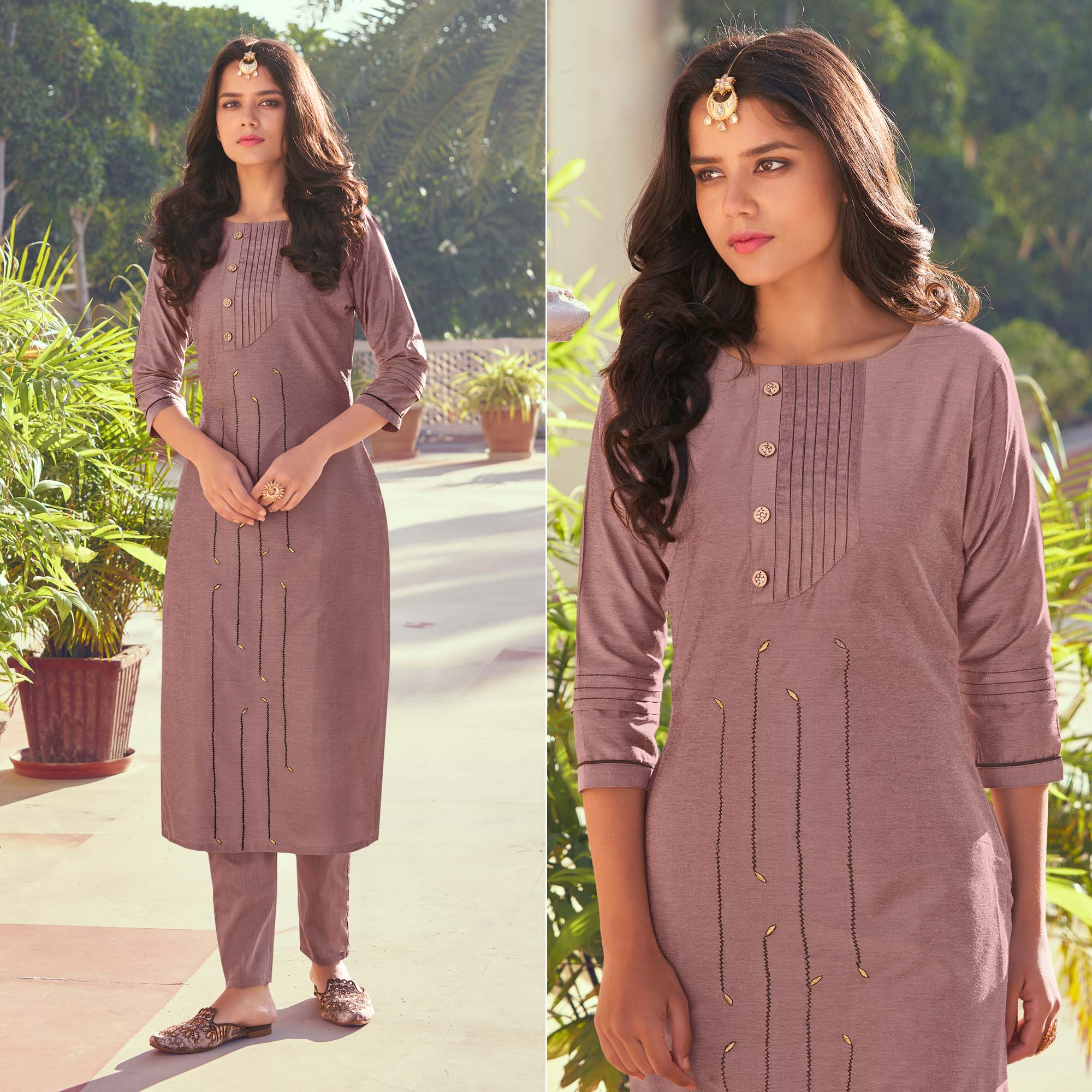 Peachmode Seller Mauve Embroidered Art Silk Kurti Pant Set