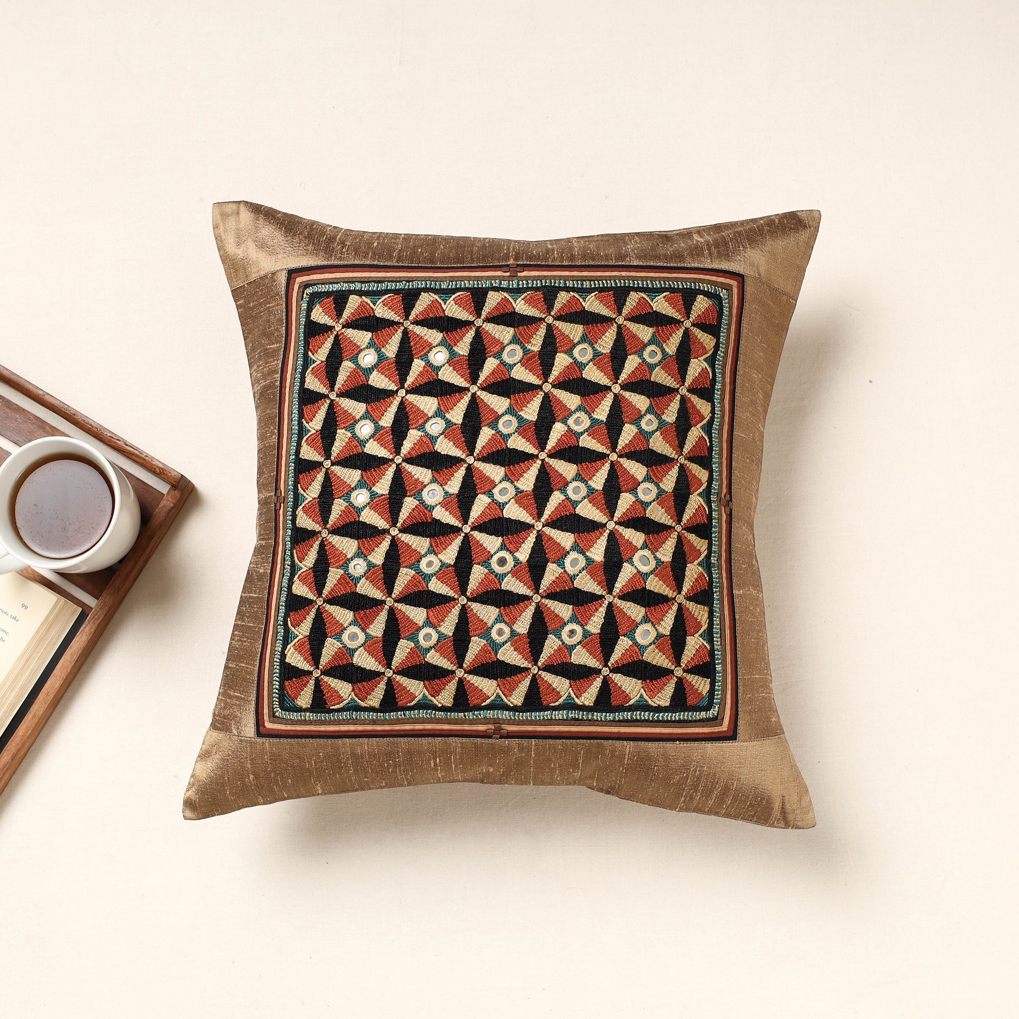 QASAB Brown - Kutch Jat Hand Embroidery Silk Cushion Cover (16 x 16 in)
