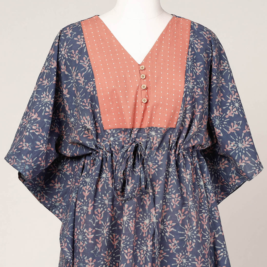 ITOKRI CASUALS Blue - Akola Block Printed Cotton Kaftan with Tie-Up Waist (Medium) - view 2