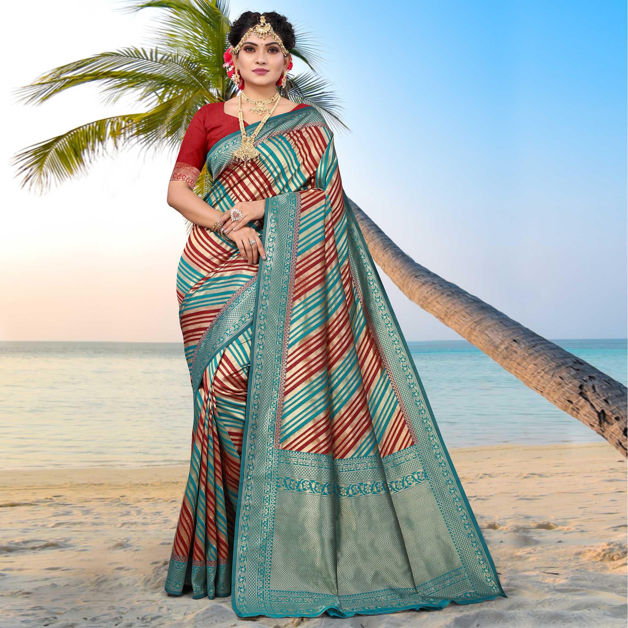 Peachmode Blue Stripe Printed Pure Silk Saree - view 2