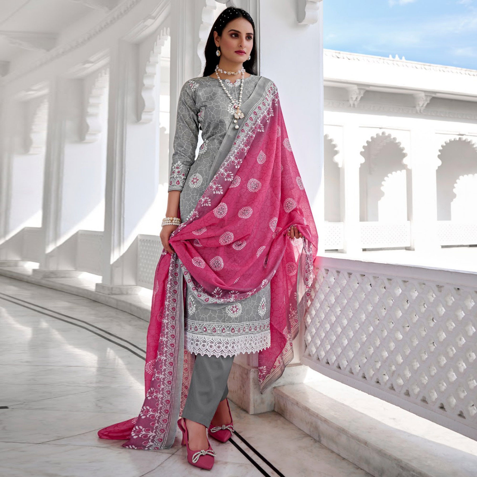 BlackTree grey-digital-printed-with-mirror-work-pure-cotton-suit - view 2