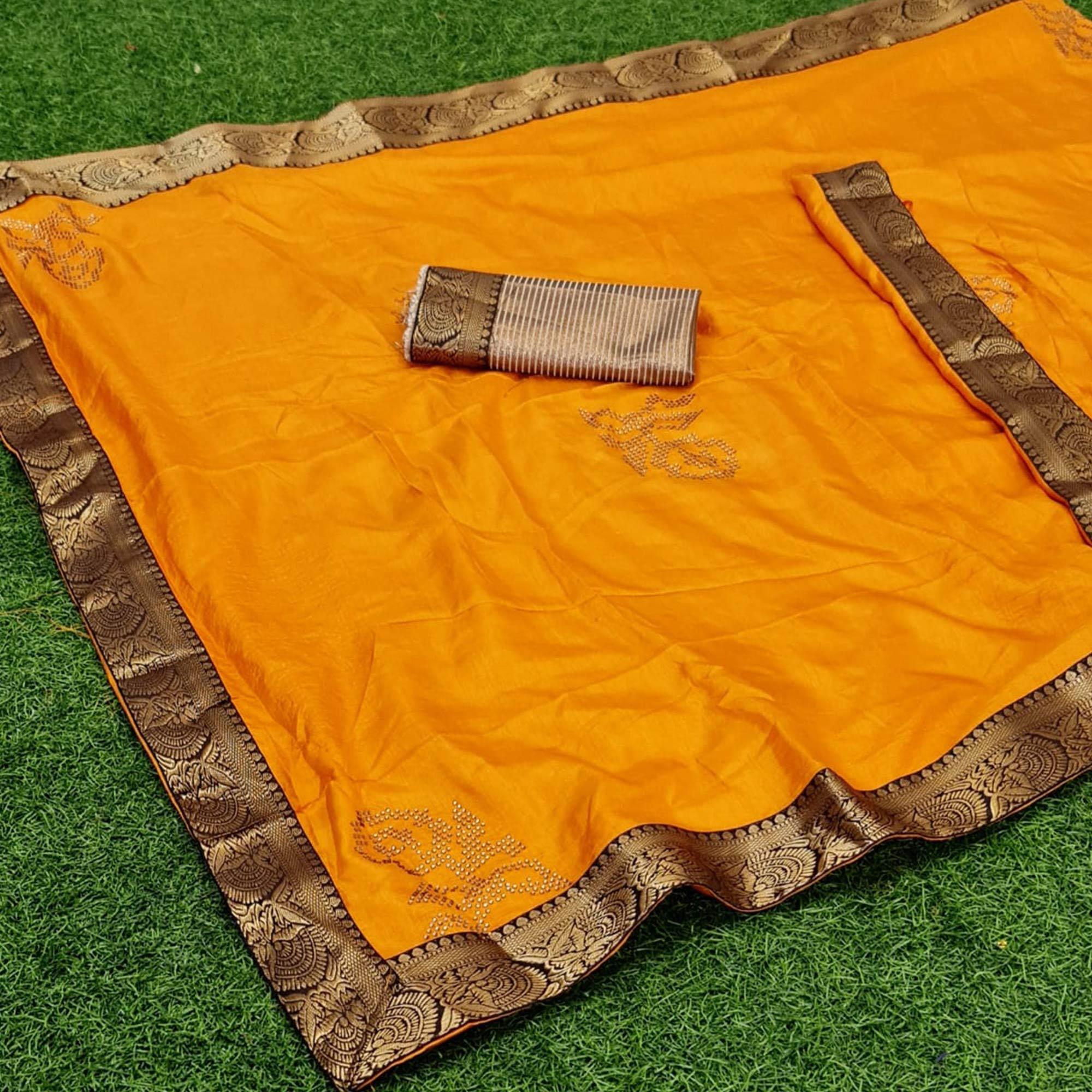 Peachmode Flirty Mustard Coloured Casual Wear Lace Border Dola Silk Saree