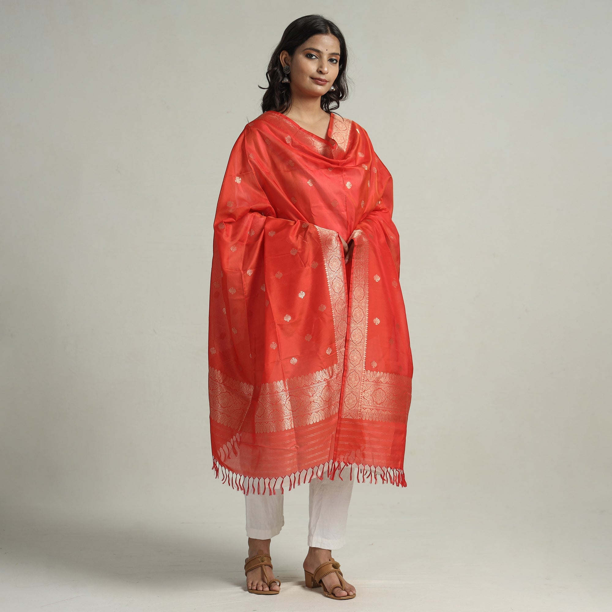BANARASI BY MAQBUL HASAN Red - Banarasi Handloom Katan Silk Zari Buti Dupatta with Tassels 62 - view 2