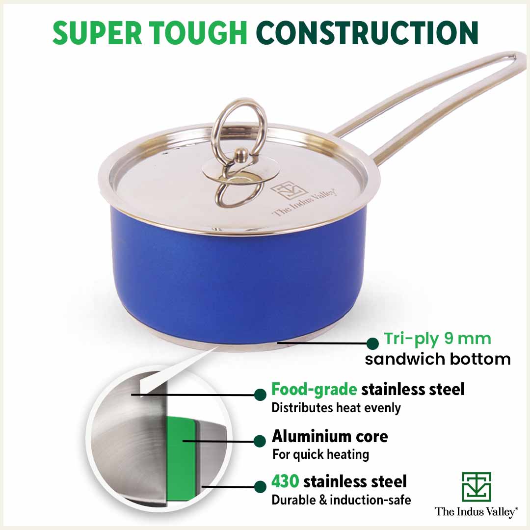 The Indus Valley Tri-Steel Premium Stainless Steel Saucepan/ Milk/ Tea Pan, Tri-ply (3 Layer) Induction Bottom, Steel Lid, 1.4L, Blue - view 5