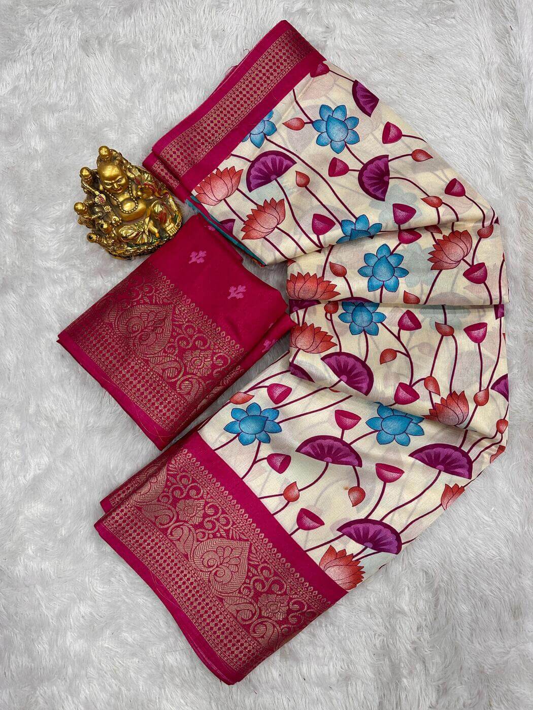 Shubh Felicitous Beige Digital Printed Dola Silk Saree With Mesmerising Blouse Piece