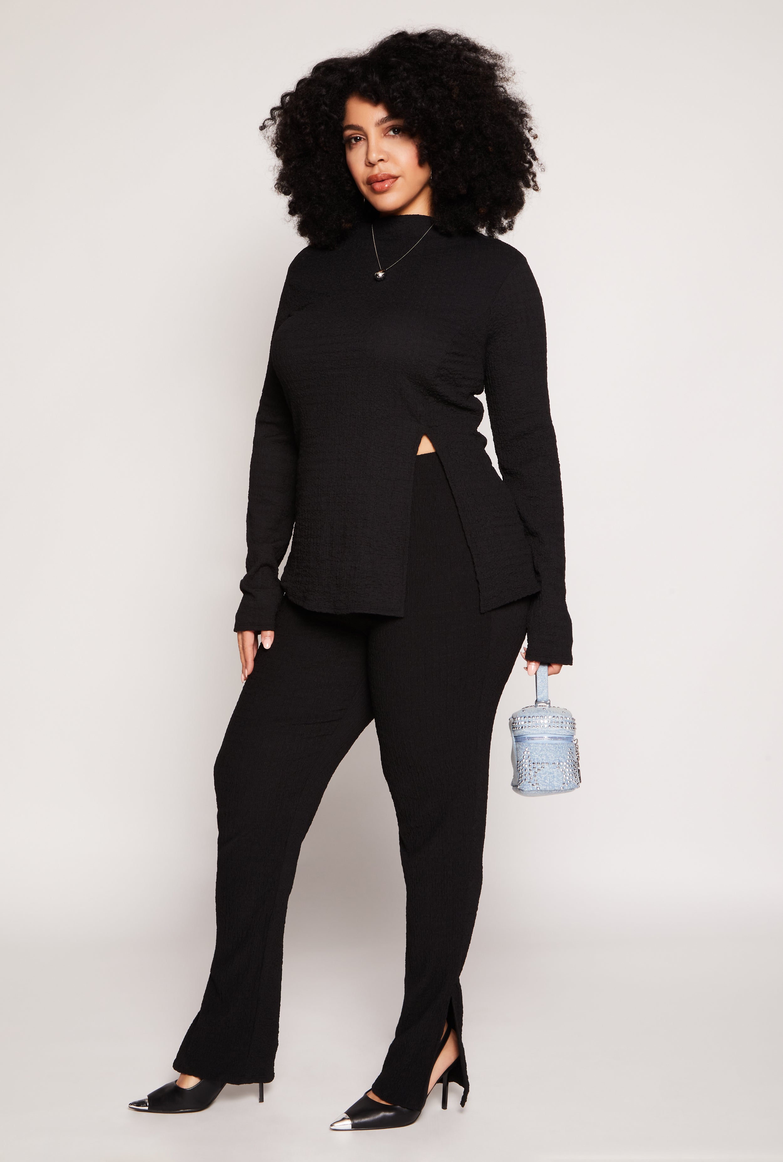 Rainbow Shops Plus Size Textured Knit Slit Hem Pants
